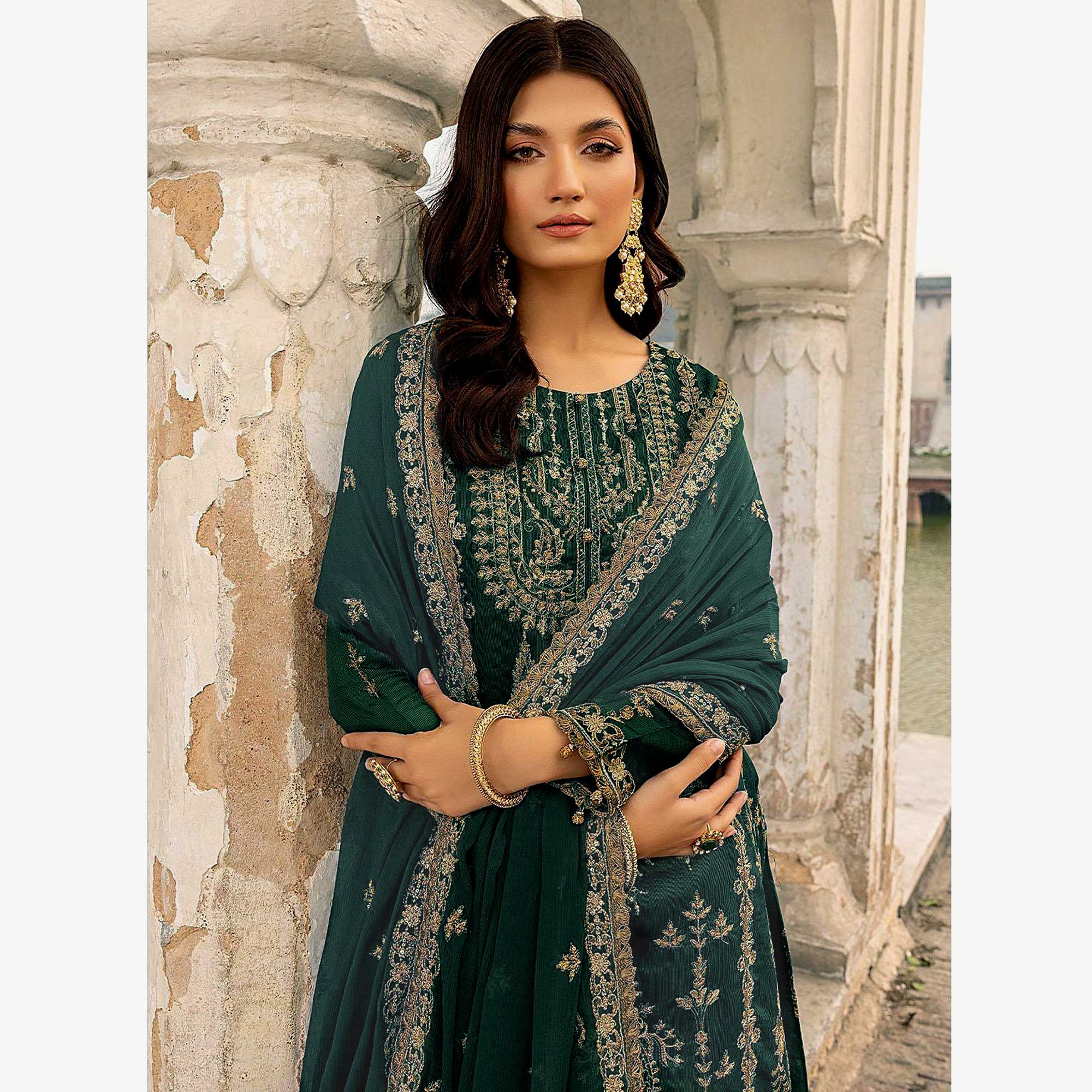 Green Floral Sequins Embroidered Georgette Semi Stitched Suit