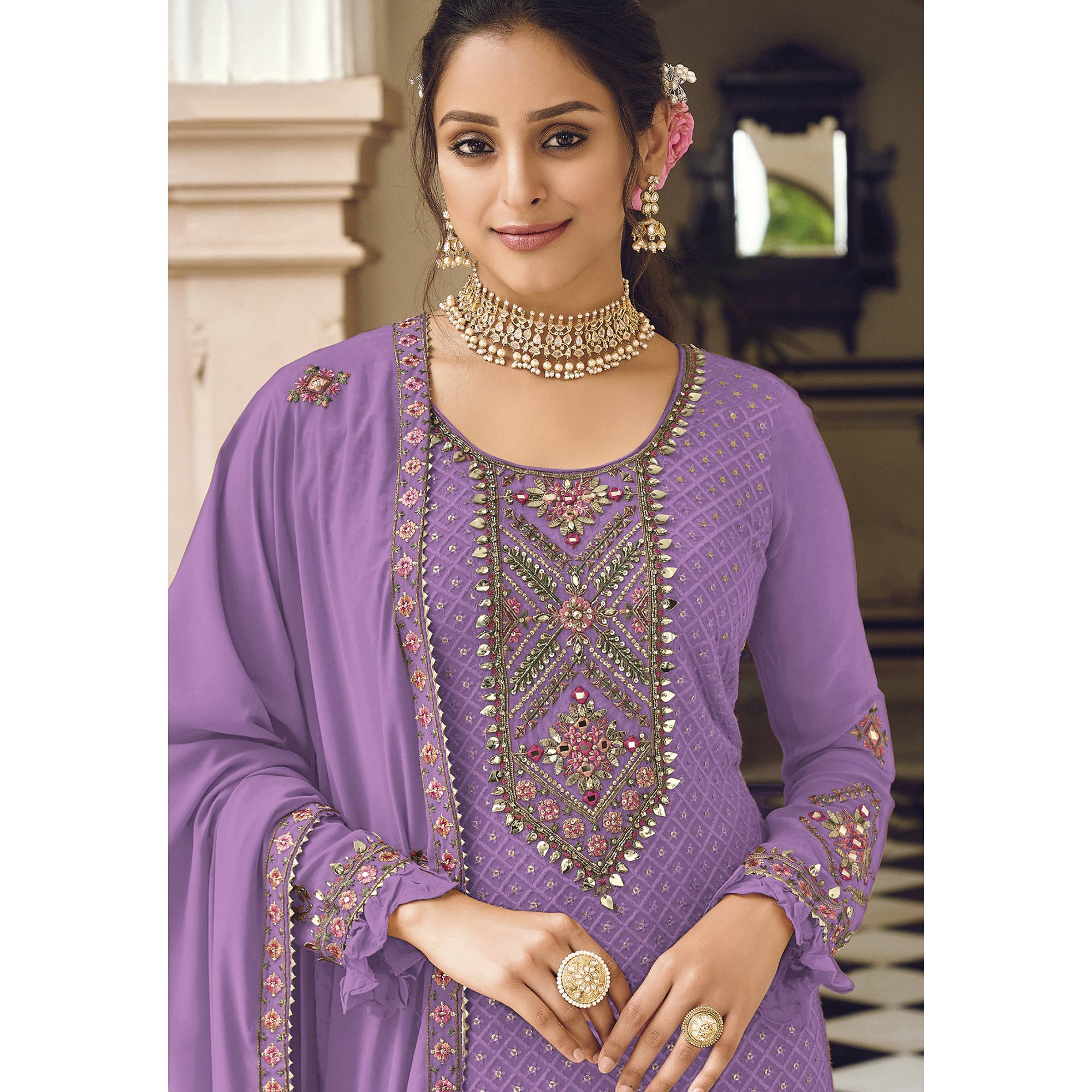 Purple Sequins Embroidered Georgette Semi Stitched Salwar Suit