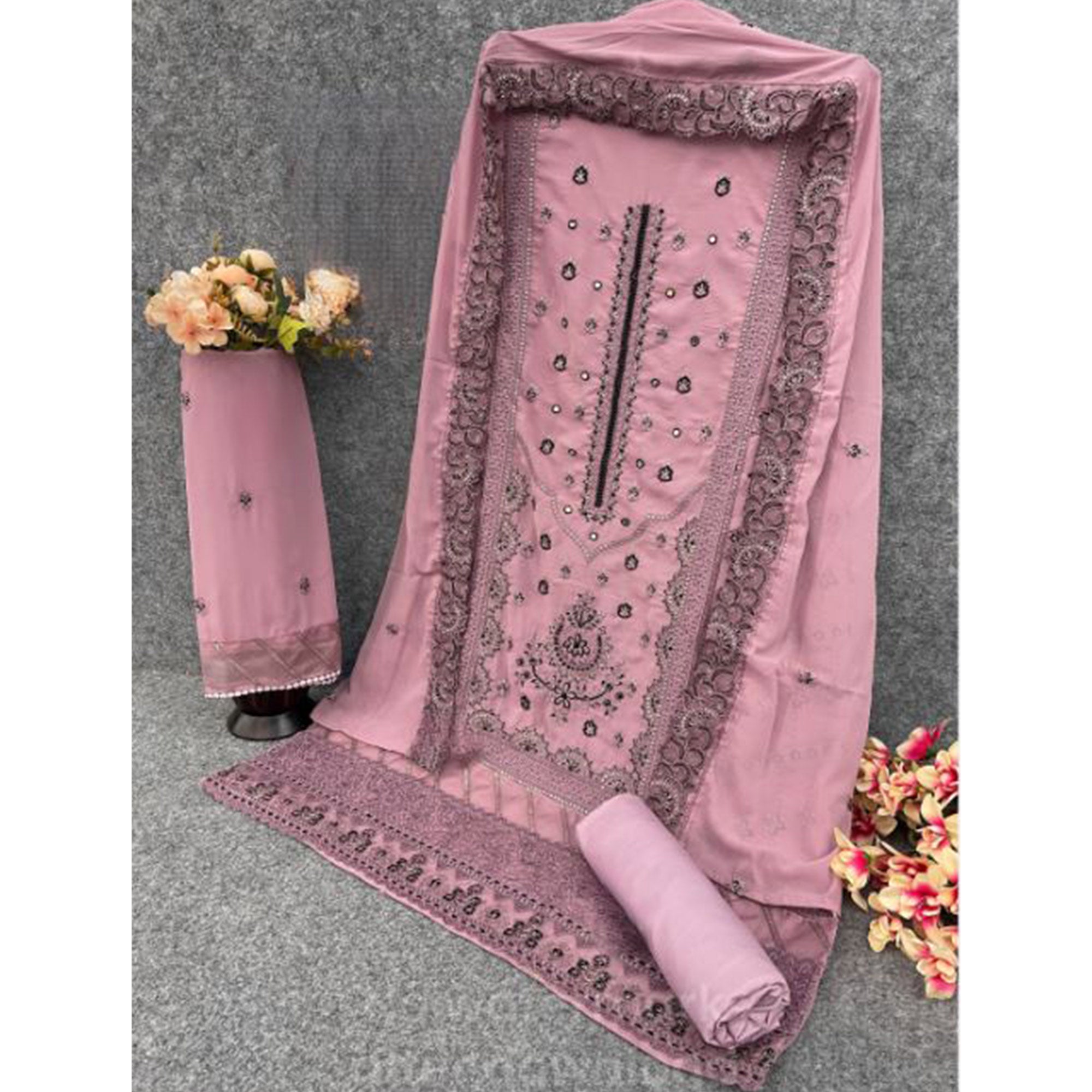 Dusty Pink Heavy Embroidered Work Georgette Dress Material
