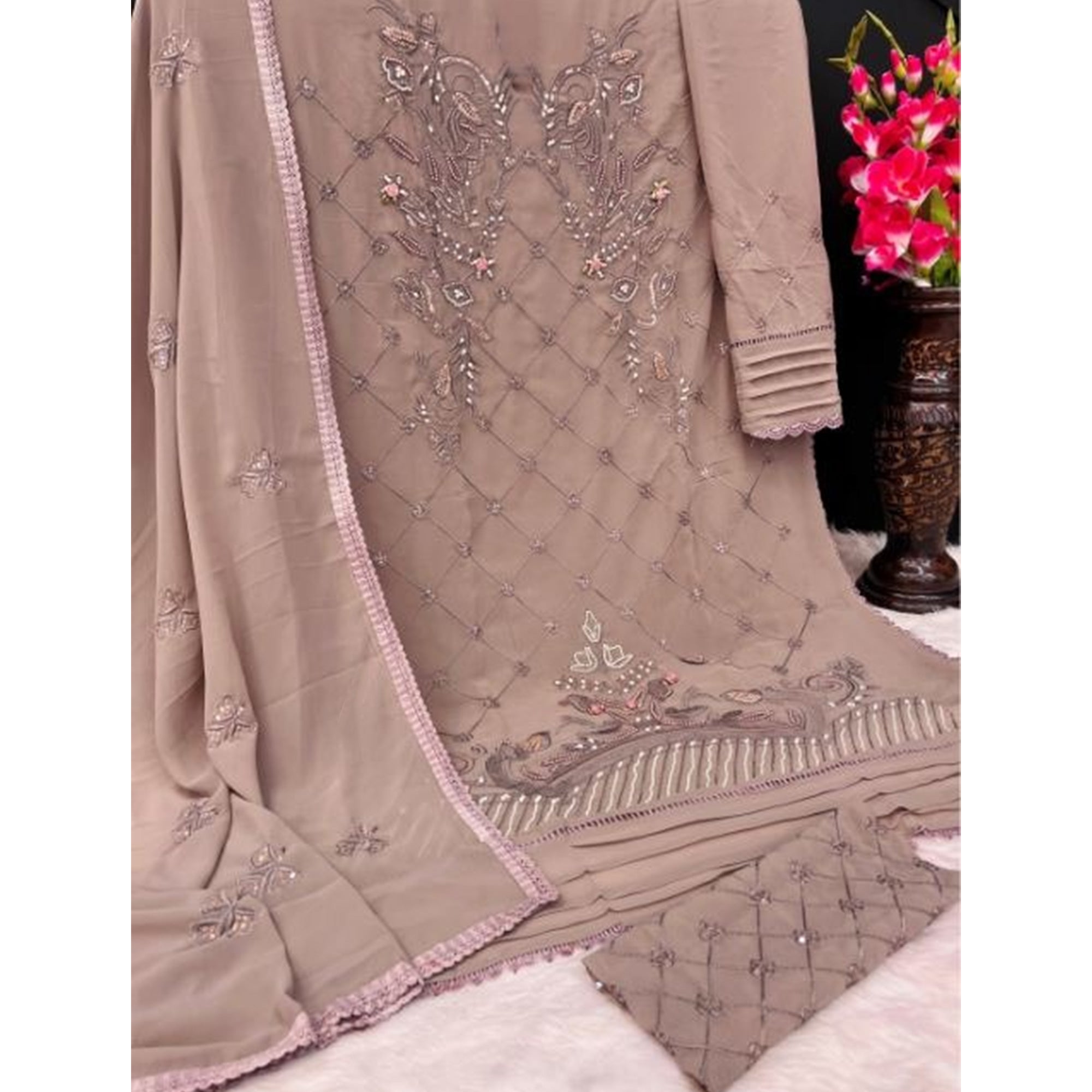 Brown Heavy Embroidered Work Georgette Dress Material