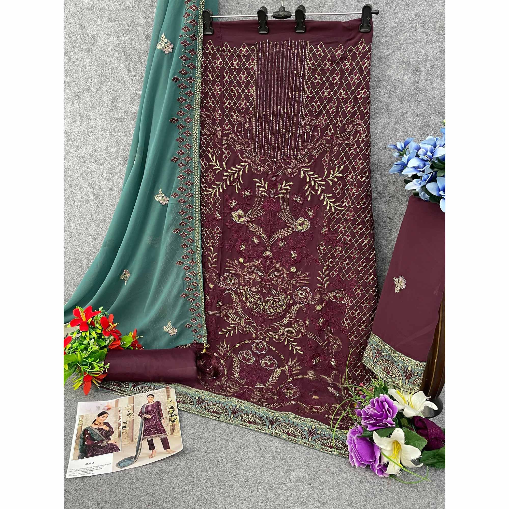 Wine Floral Embroidered Georgette Dress Material