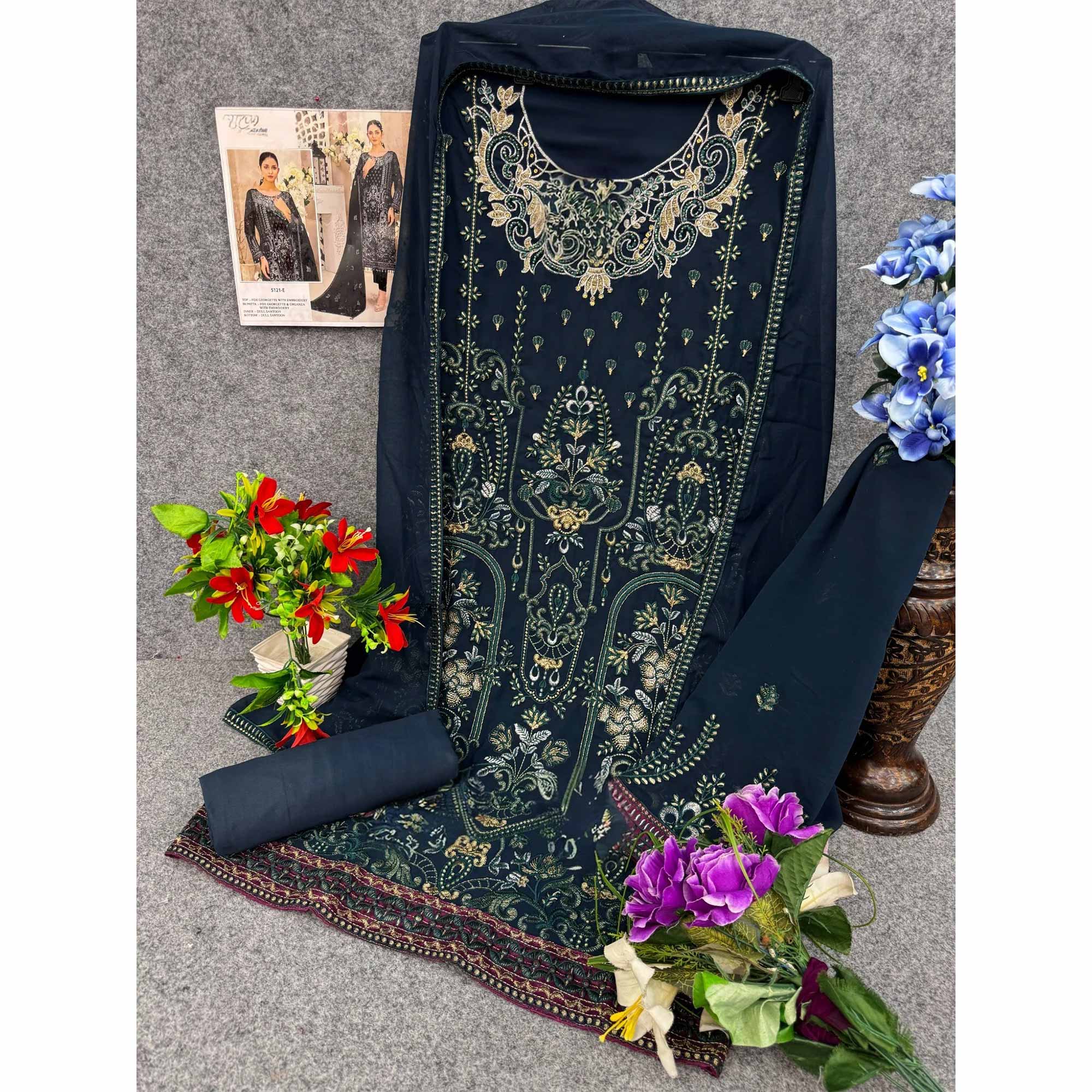 Dark Teal Floral Embroidered Georgette Dress Material