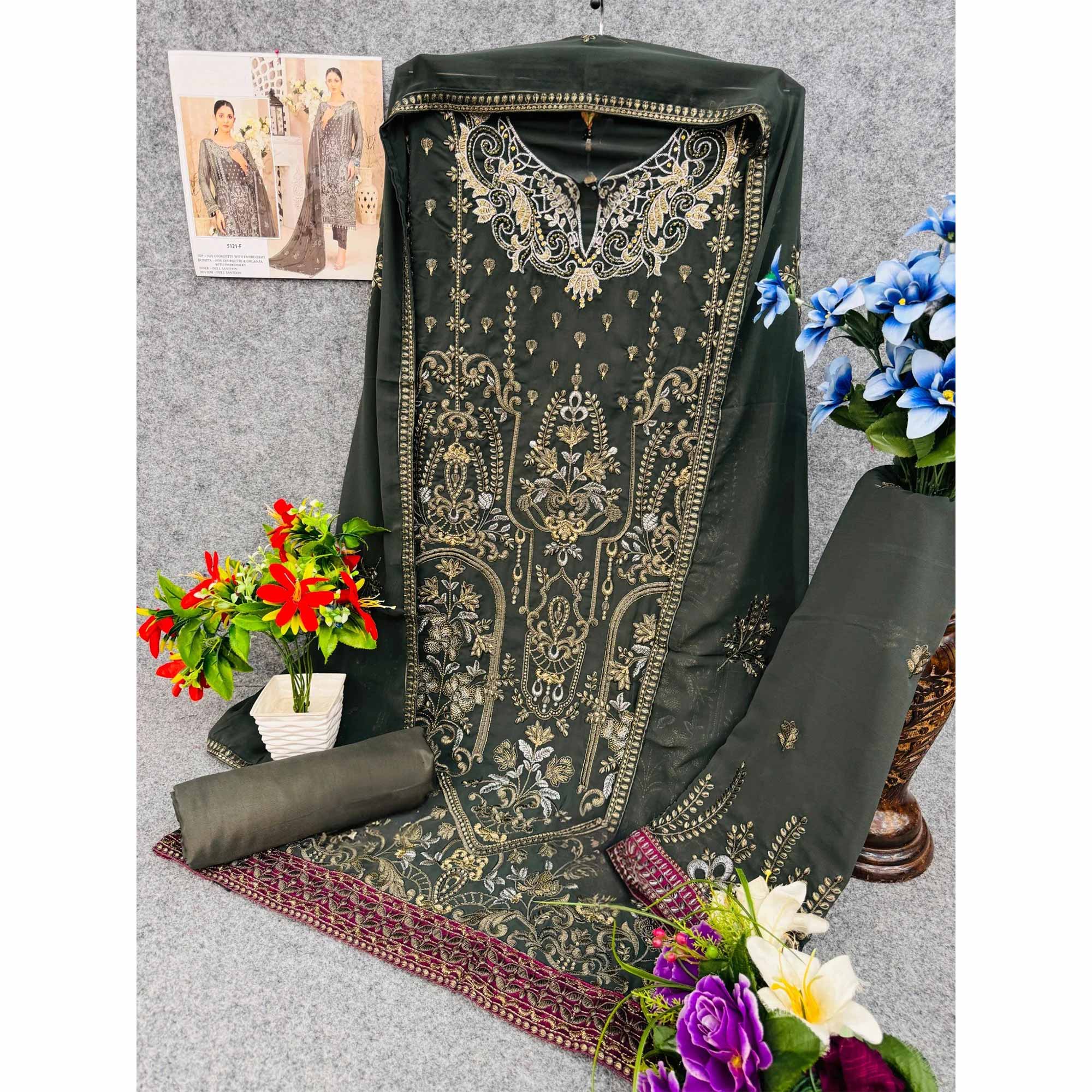 Grey Floral Embroidered Georgette Dress Material