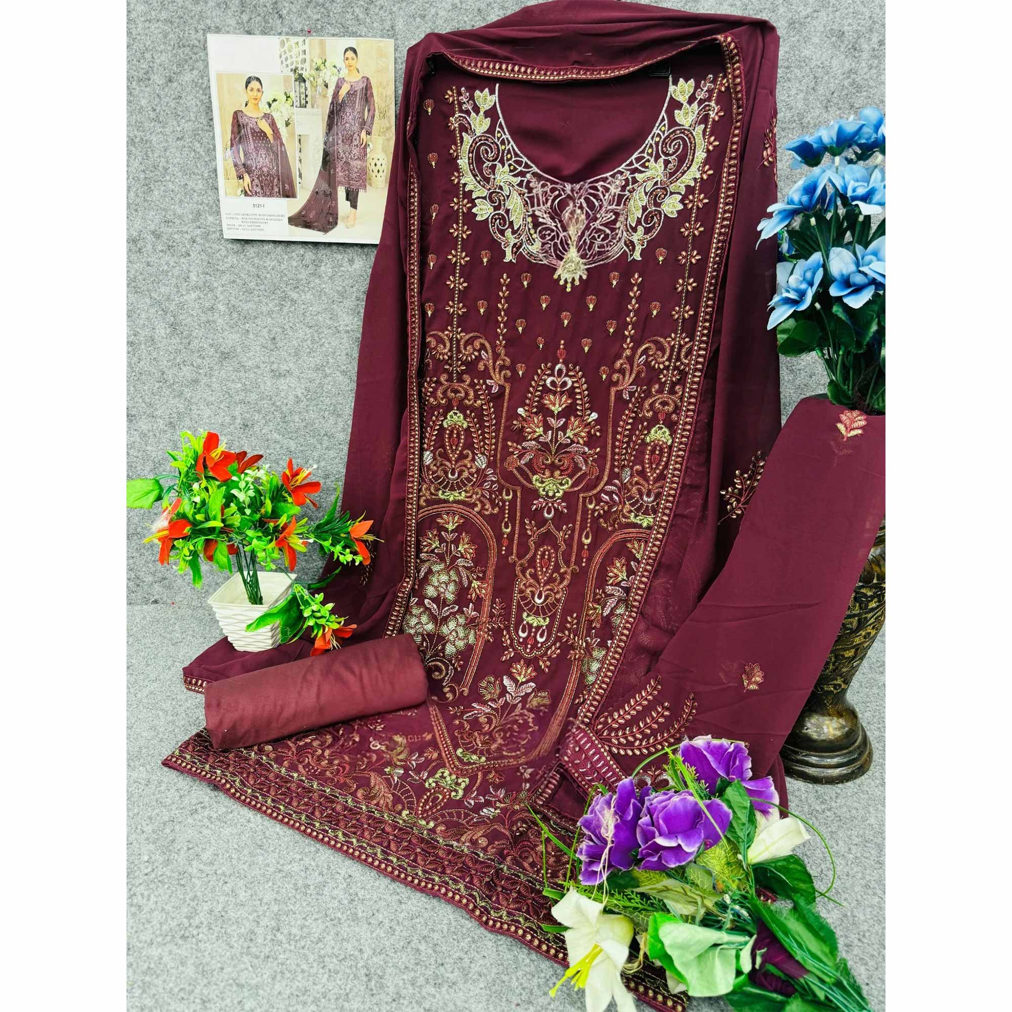 Maroon Floral Embroidered Georgette Dress Material