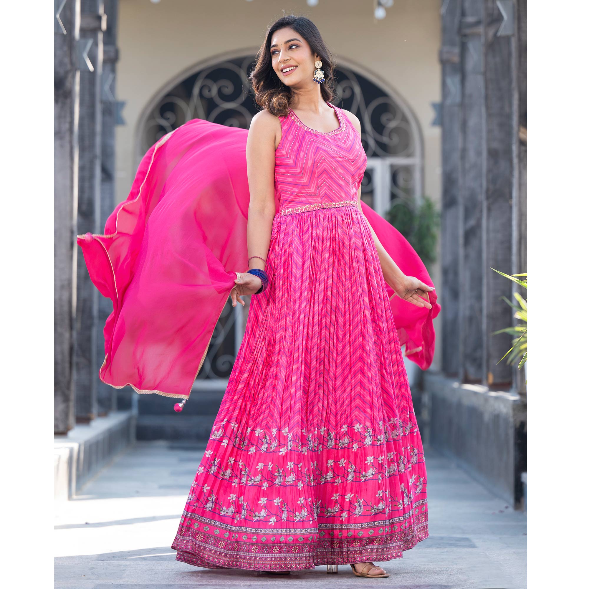 Pink Printed Dola Silk Anarkali Style Gown With Mirror Work