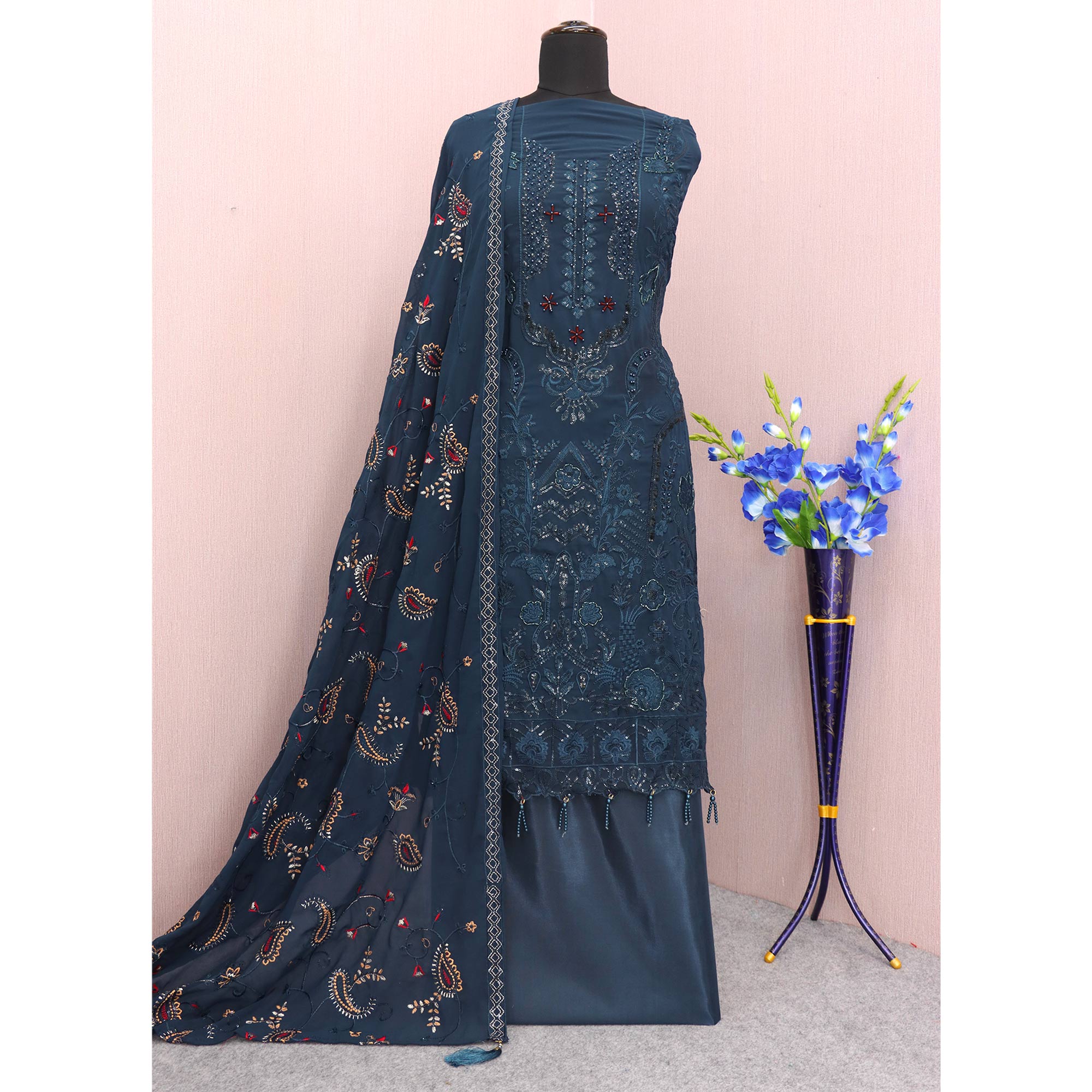 Teal Heavy Embroidered Work Georgette Dress Material
