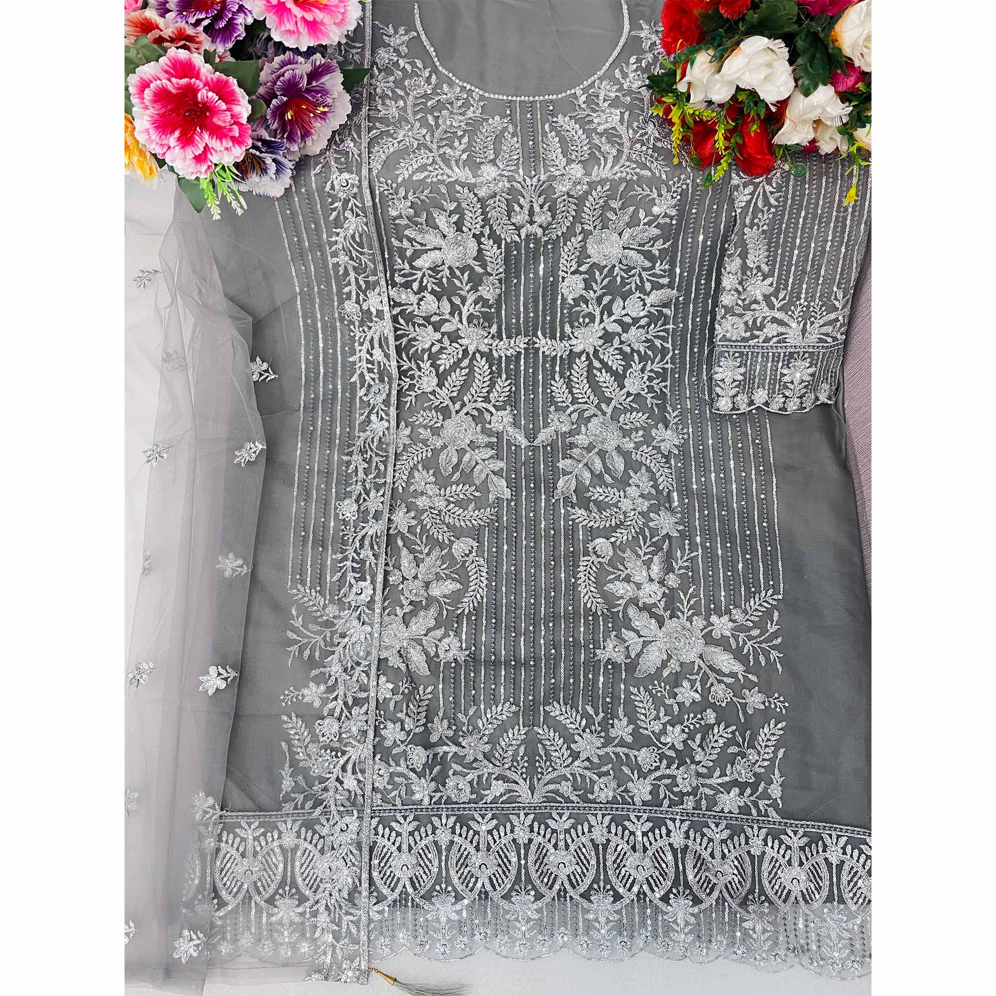 Grey Sequins Embroidered Work Net Dress Material