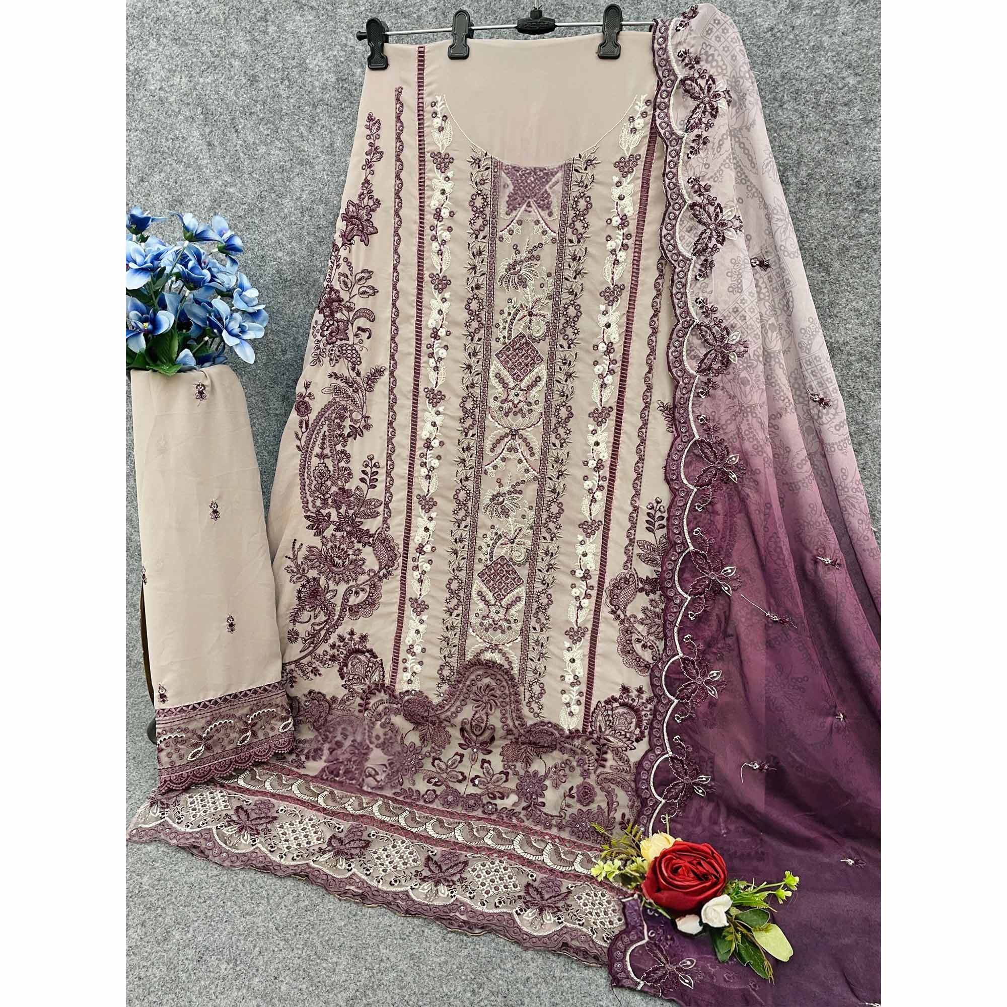 Beige Floral Design Dress Material Crafted from Lightweight Georgette Fabric