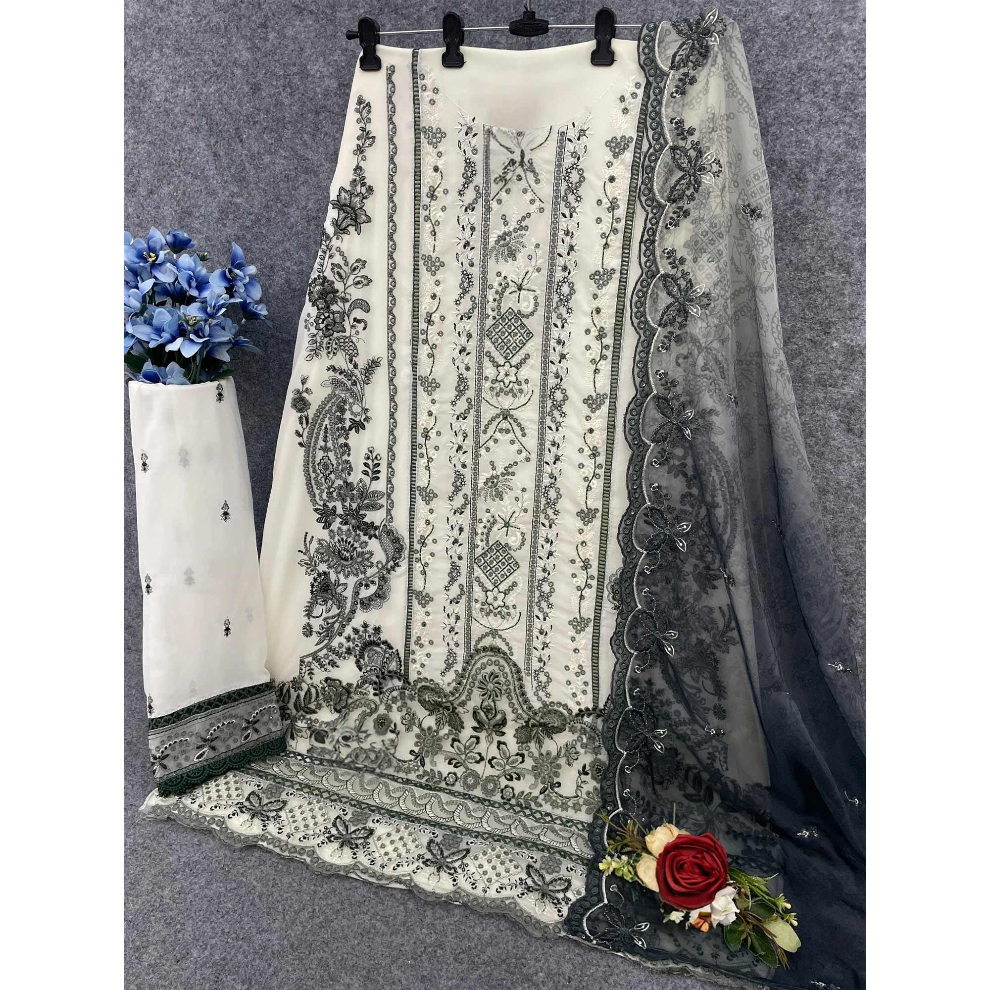 White Floral Design Dress Material Crafted from Lightweight Georgette Fabric