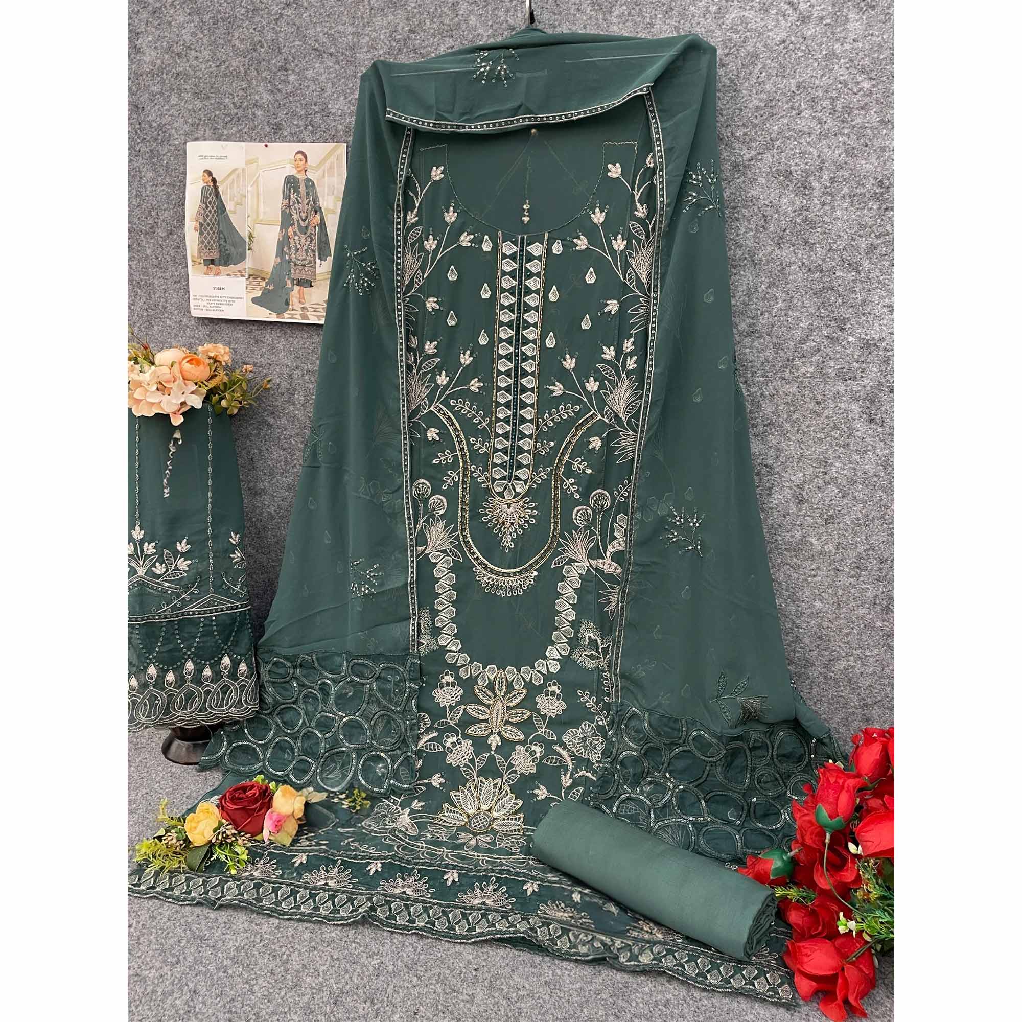 Emerald Green Floral Design Dress Material Crafted from Lightweight Georgette Fabric