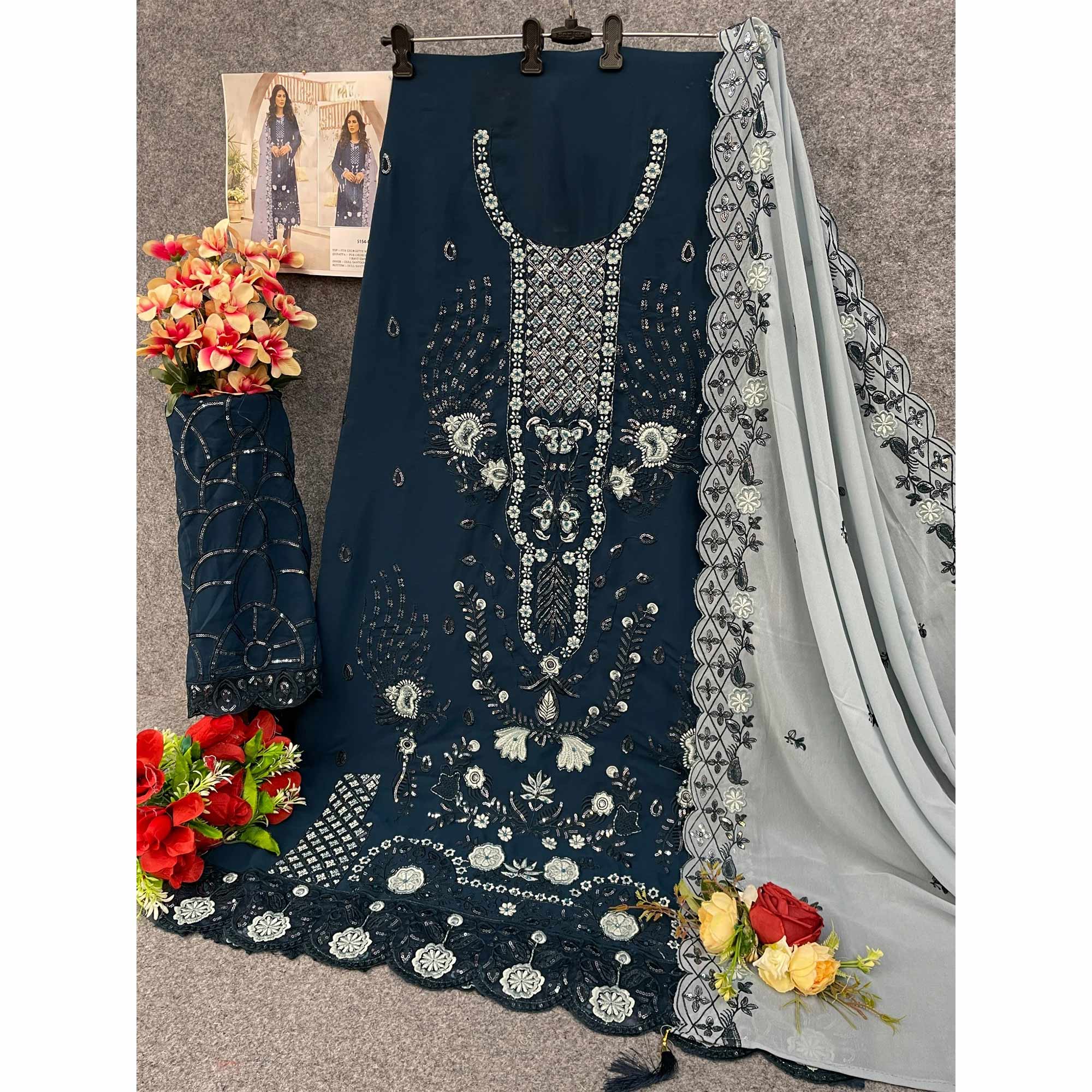 Teal Floral Design Dress Material Crafted from Lightweight Georgette Fabric