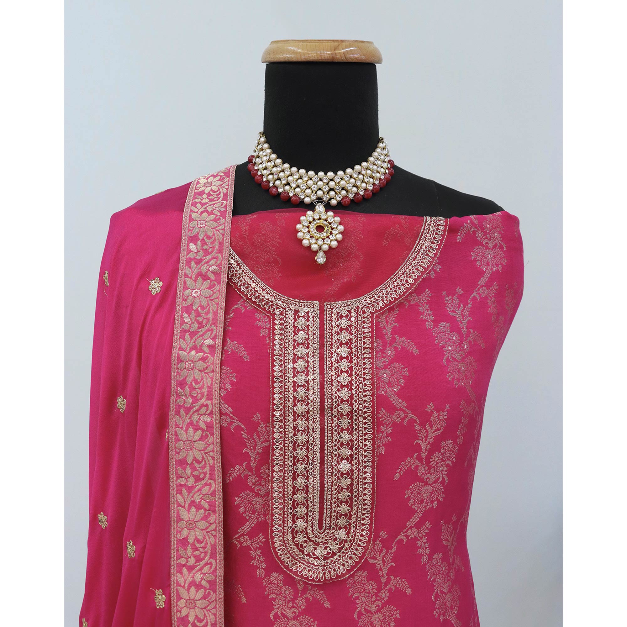 Pink Weaving With Sequins Work Dola Silk Dress Material