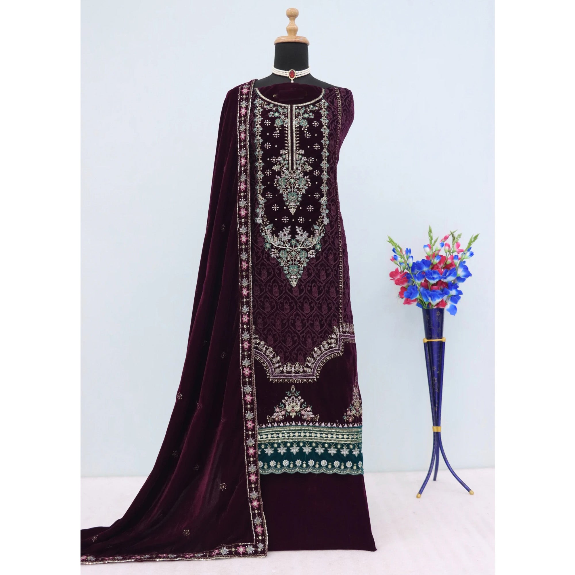 Wine Velvet Dress Material Adorned with Sequins & Thread Embroidery