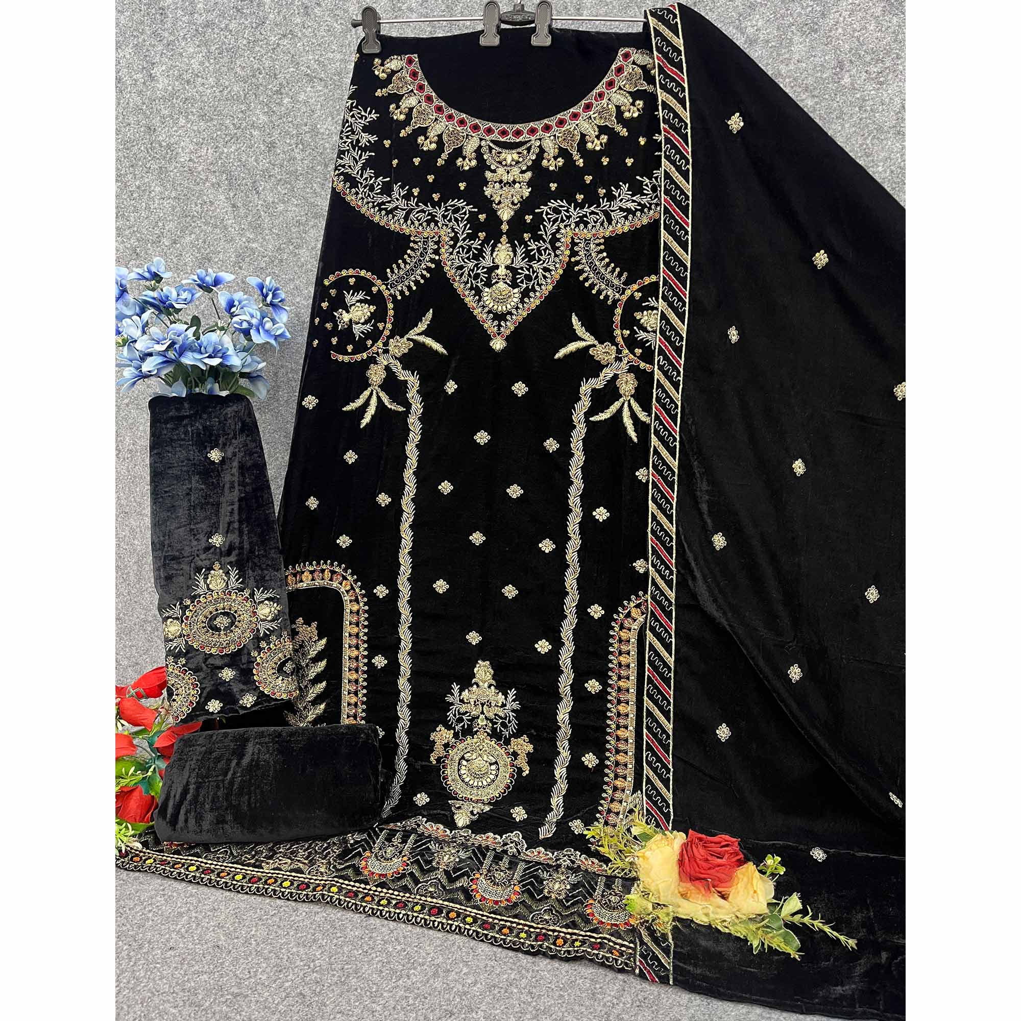 Black Velvet Dress Material Adorned with Sequins & Thread Embroidery