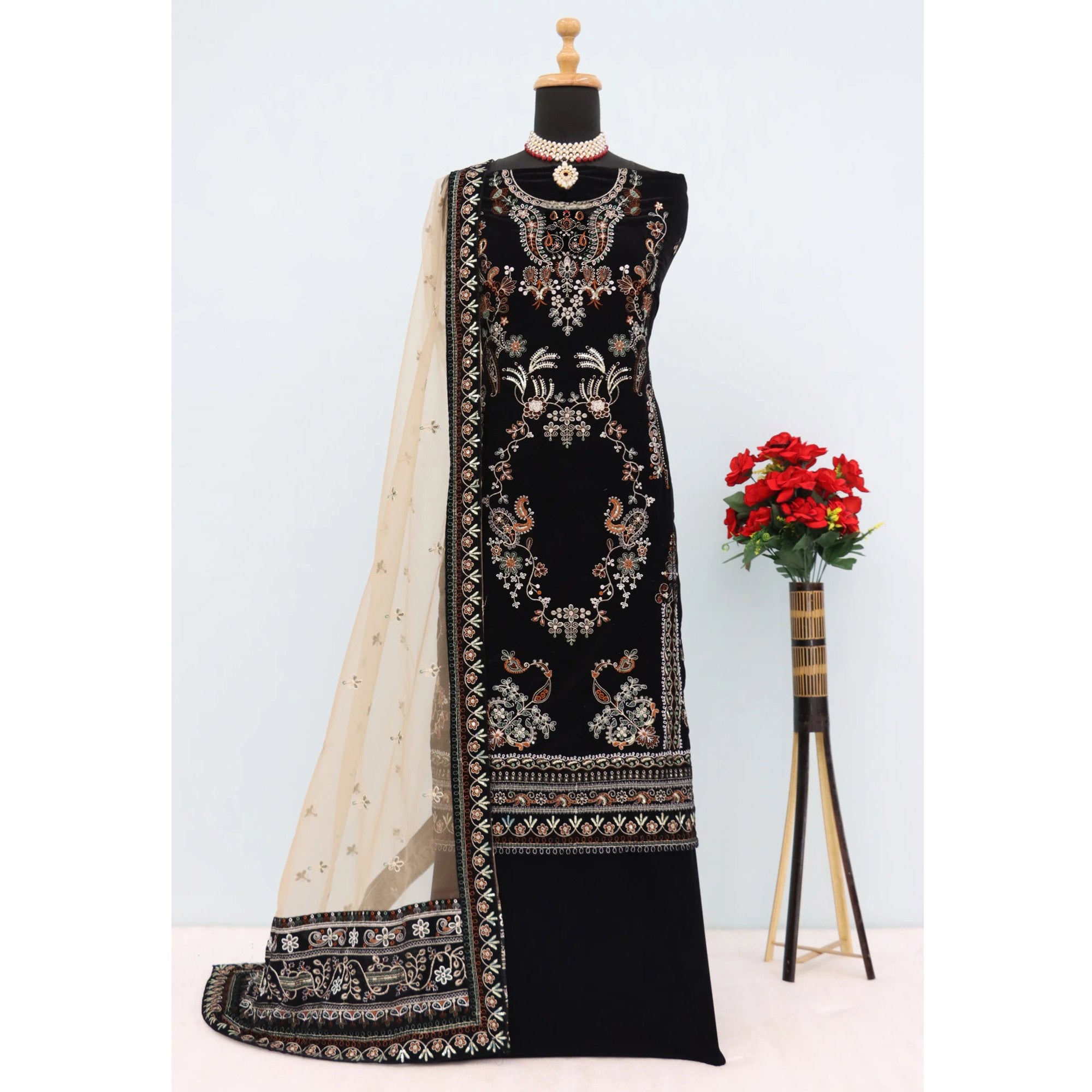 Black Velvet Dress Material Adorned with Sequins & Thread Embroidery