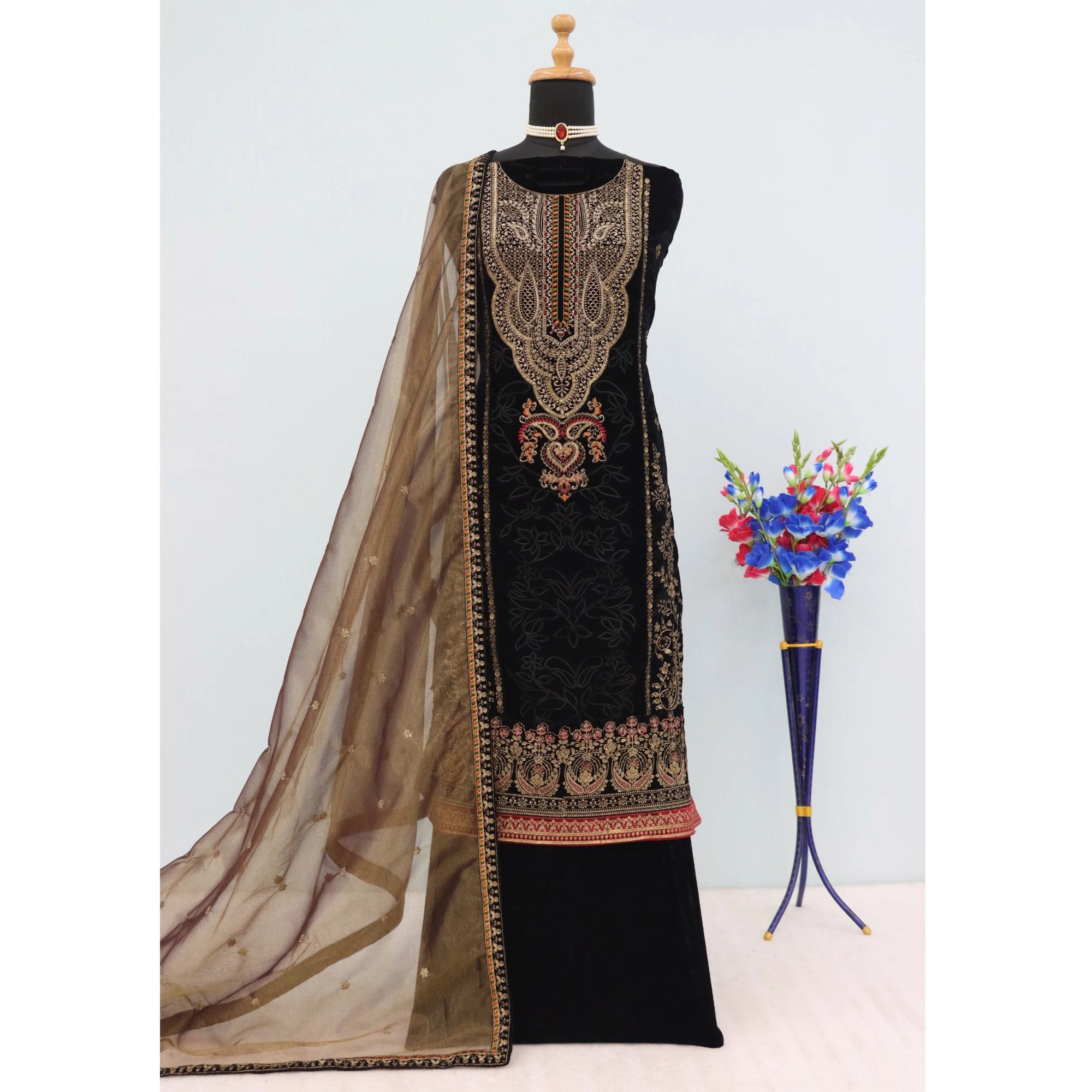 Black Velvet Dress Material Adorned with Sequins & Thread Embroidery