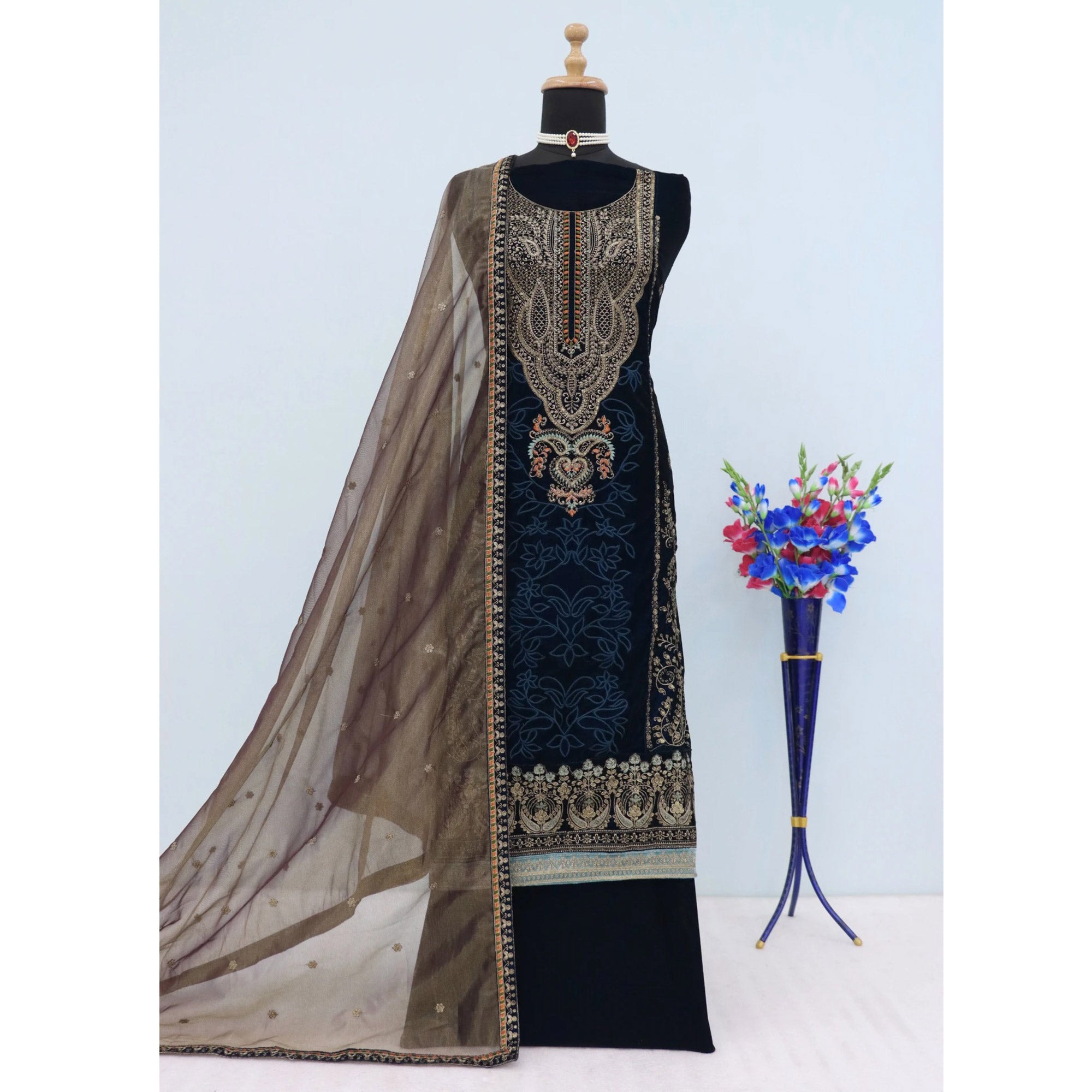 Blue Velvet Dress Material Adorned with Sequins & Thread Embroidery