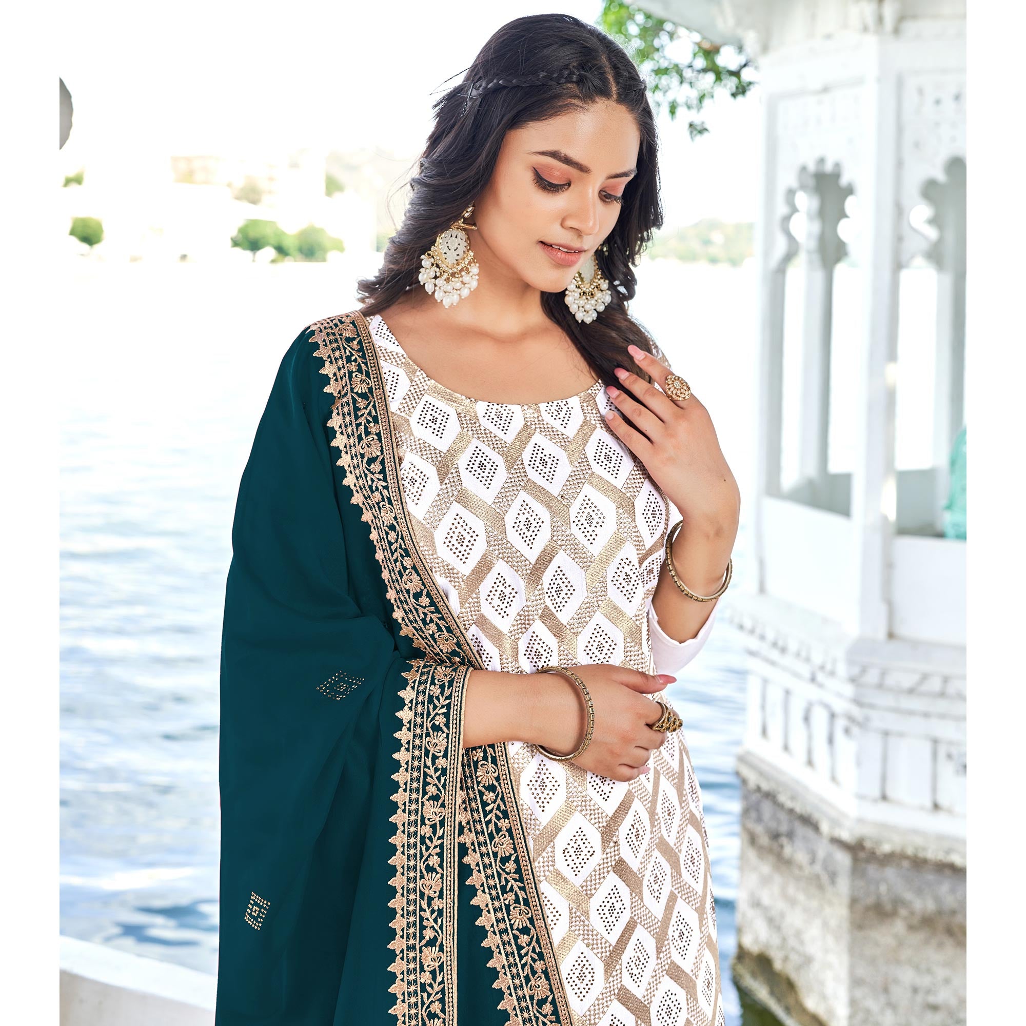 White & Morpich Embroidered With Swarovski Vichitra Silk Dress Material