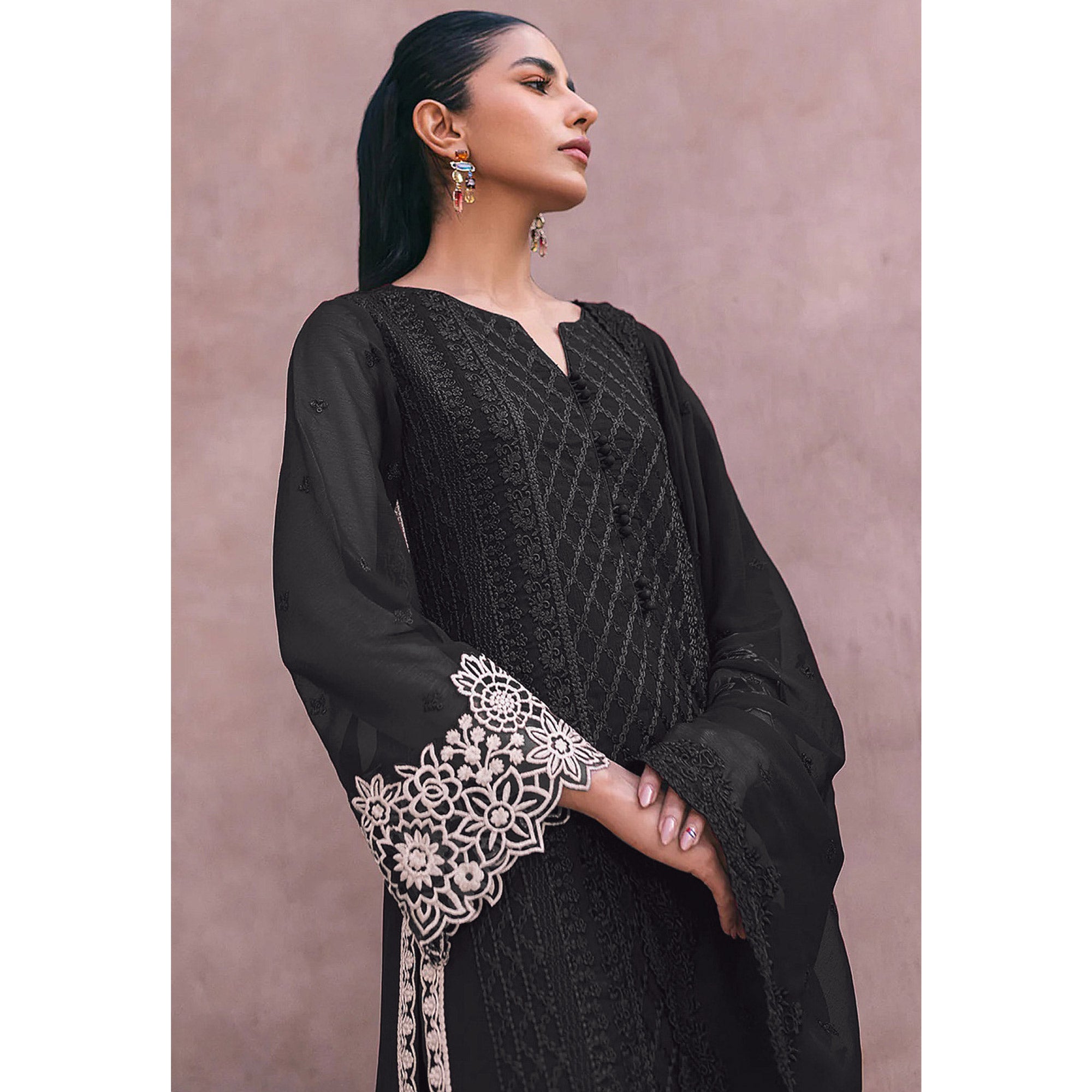 Black Sequins Embroidered Georgette Dress Material