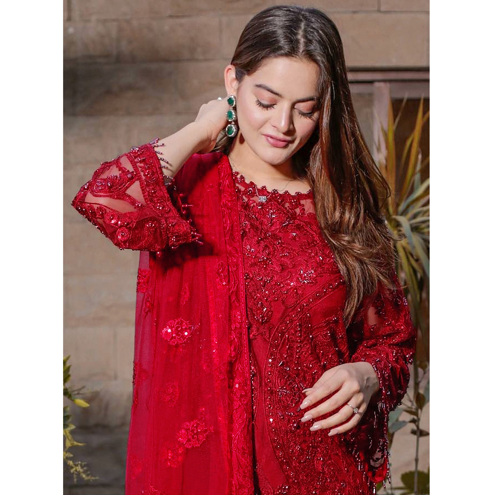 Maroon Embroidered Georgette Semi Stitched Pakistani Suit