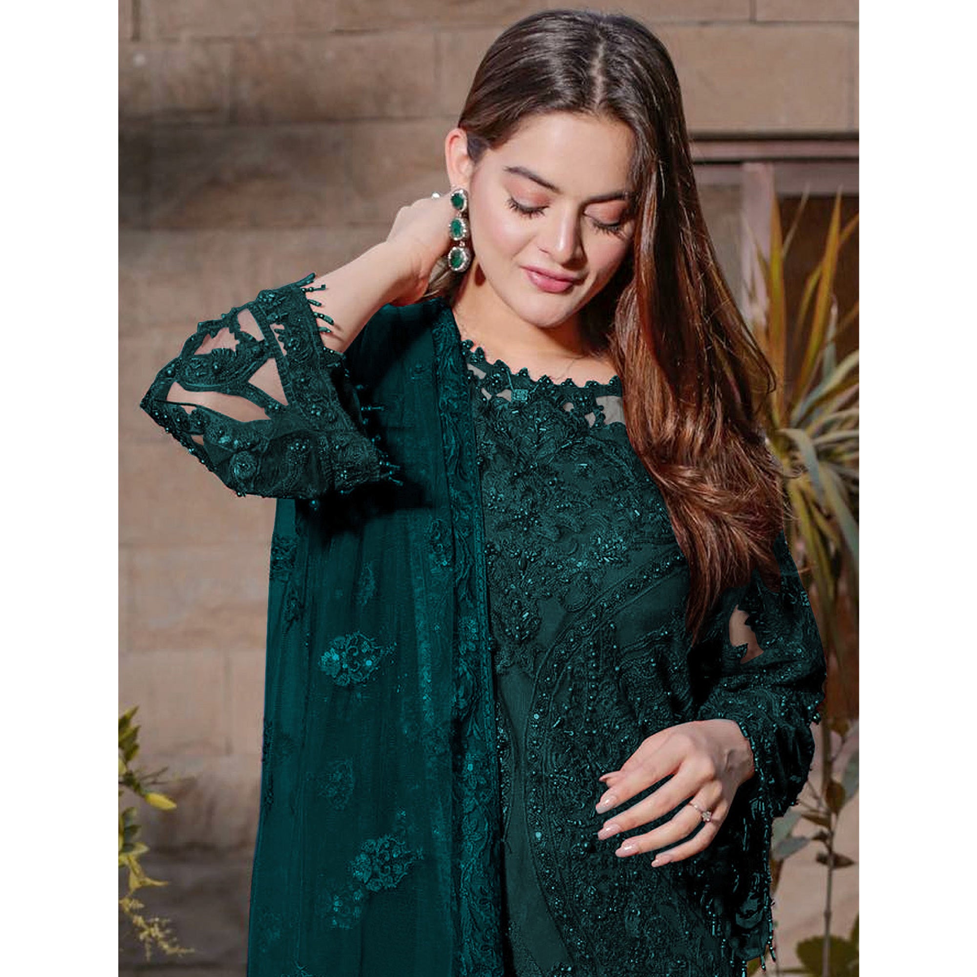 Dark Green Embroidered Georgette Semi Stitched Pakistani Dress Material