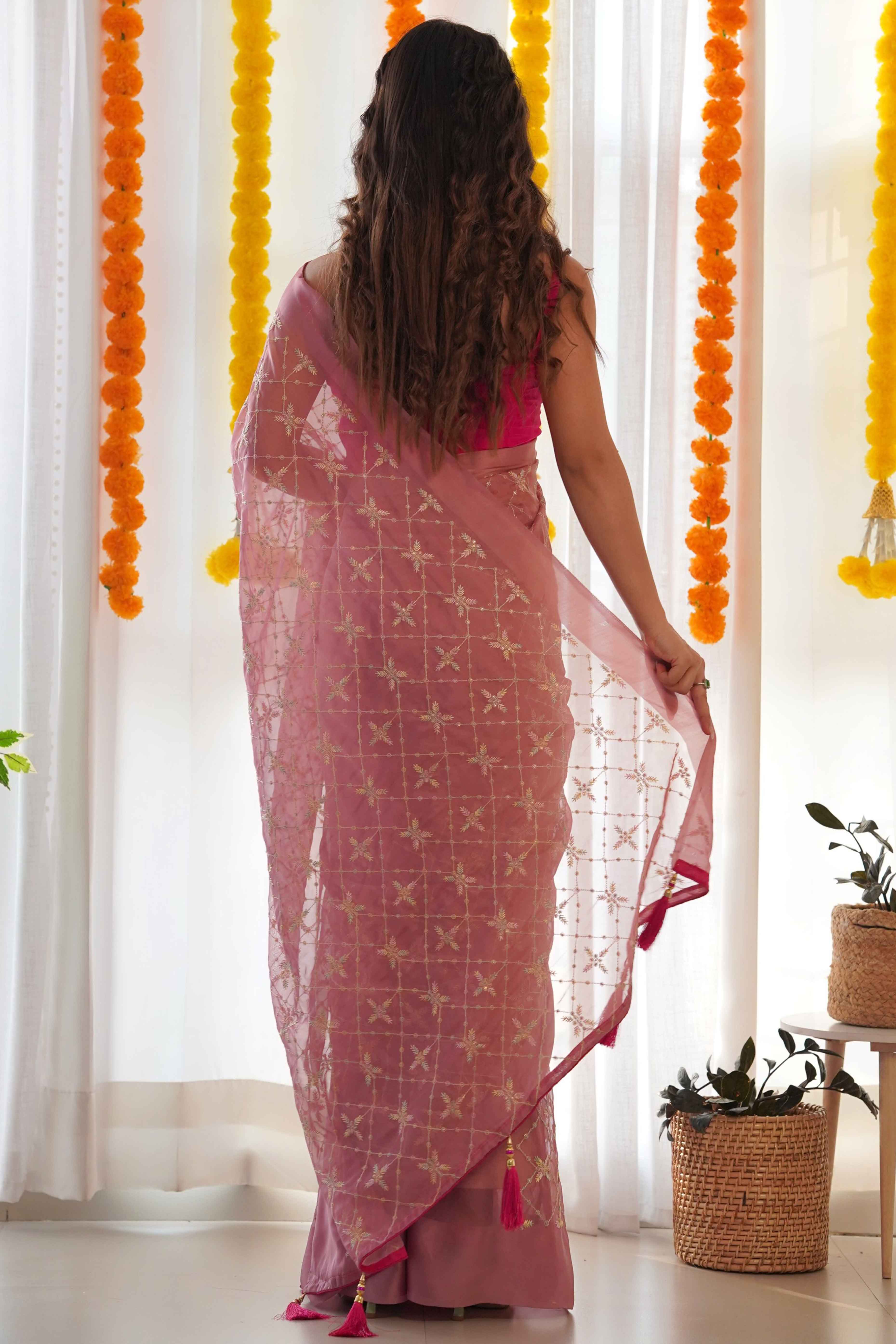 Designer Mauve Georgette Saree with Elaborate Heavy Thread Work