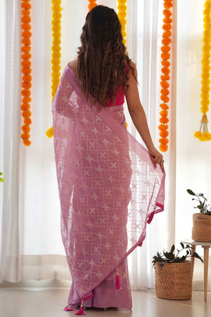 Designer Onion Pink Georgette Saree with Elaborate Heavy Thread Work