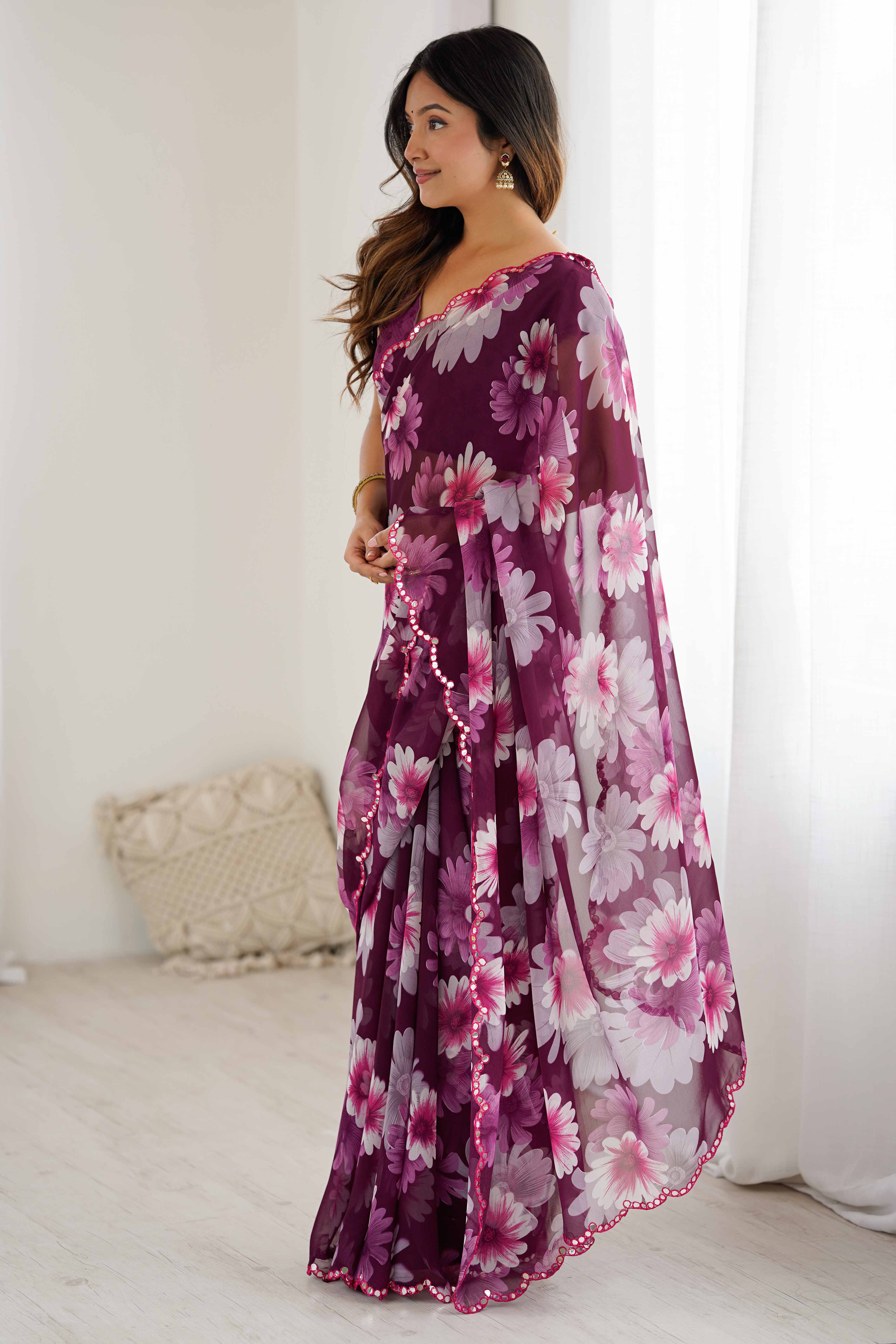 Purple Georgette Saree Featuring Floral Prints & Shimmering Mirror Work Border