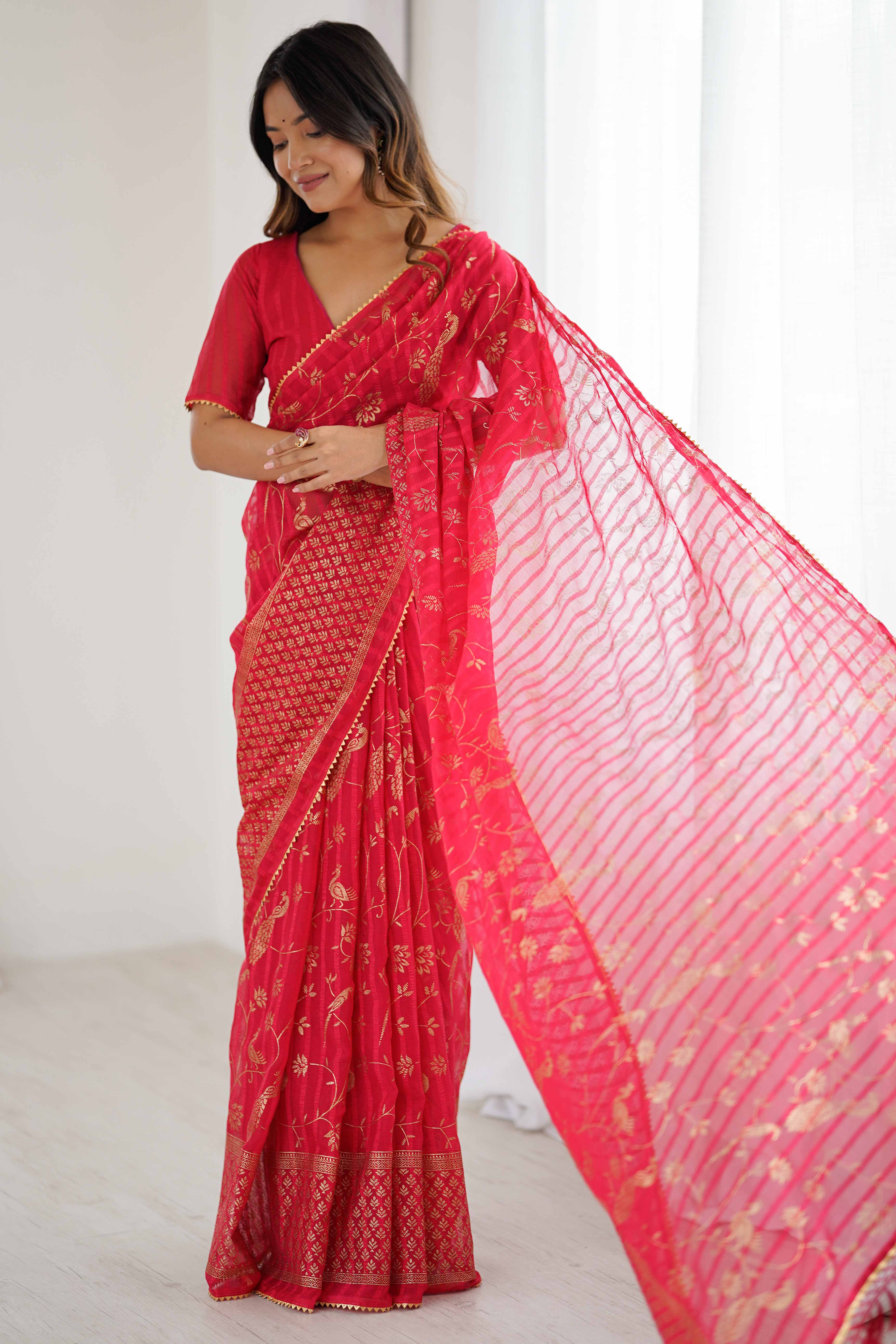 Red Georgette Saree with Shimmering Foil Print & Gota Patti Border
