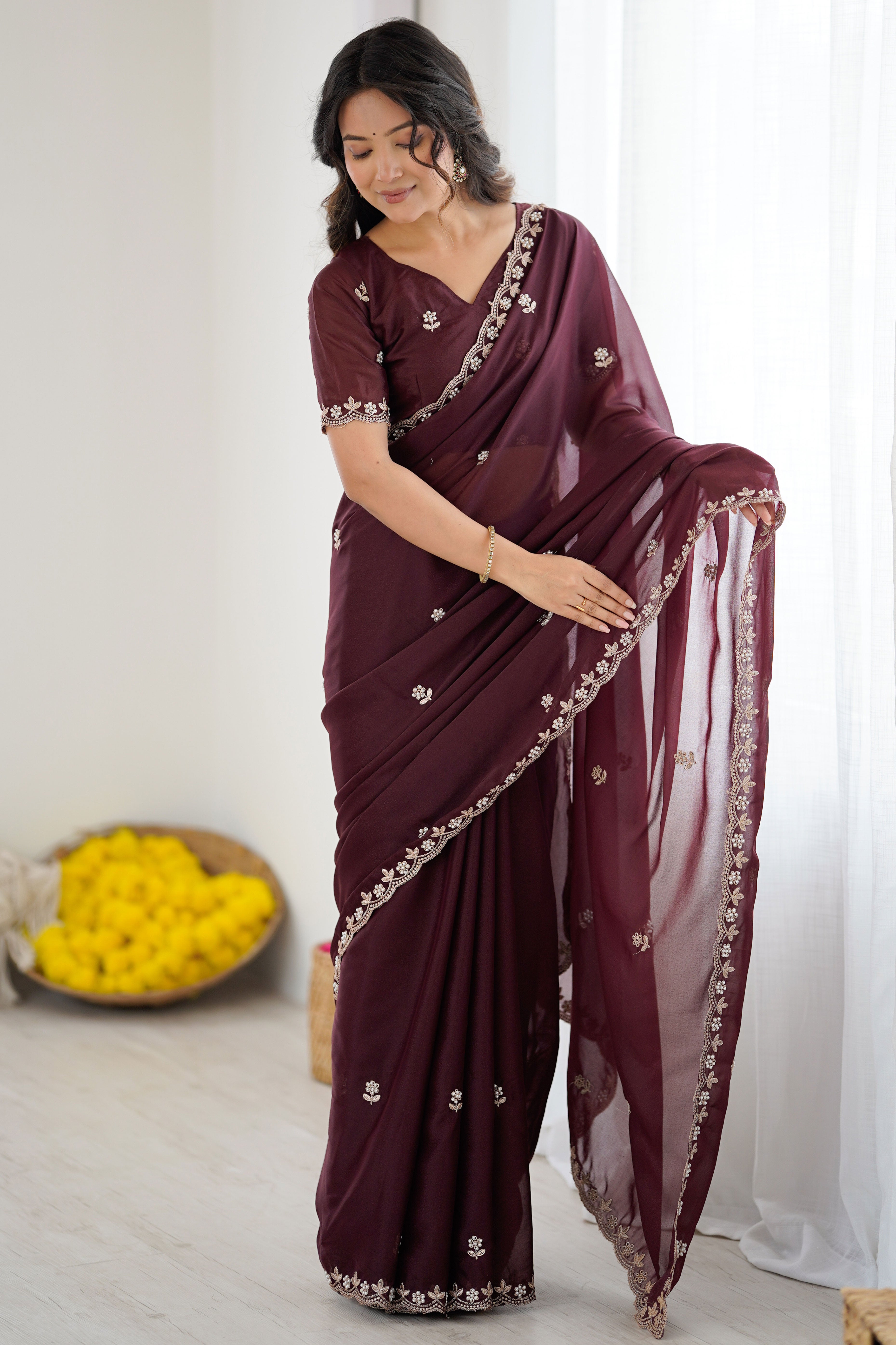 Brown Partywear Star Georgette Saree Adorned with Floral Embroidery and Beads Work
