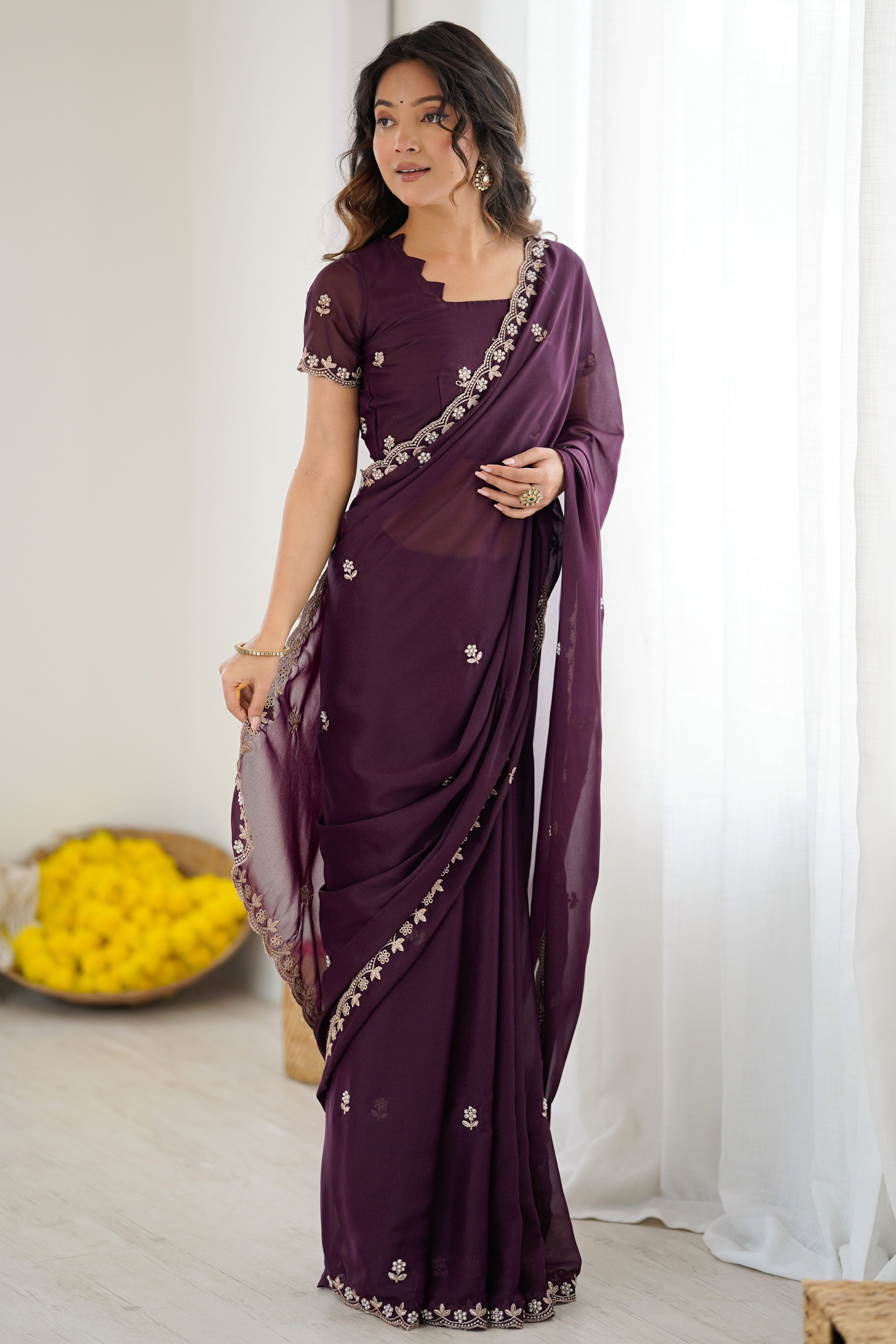 Wine Partywear Star Georgette Saree Adorned with Floral Embroidery and Beads Work