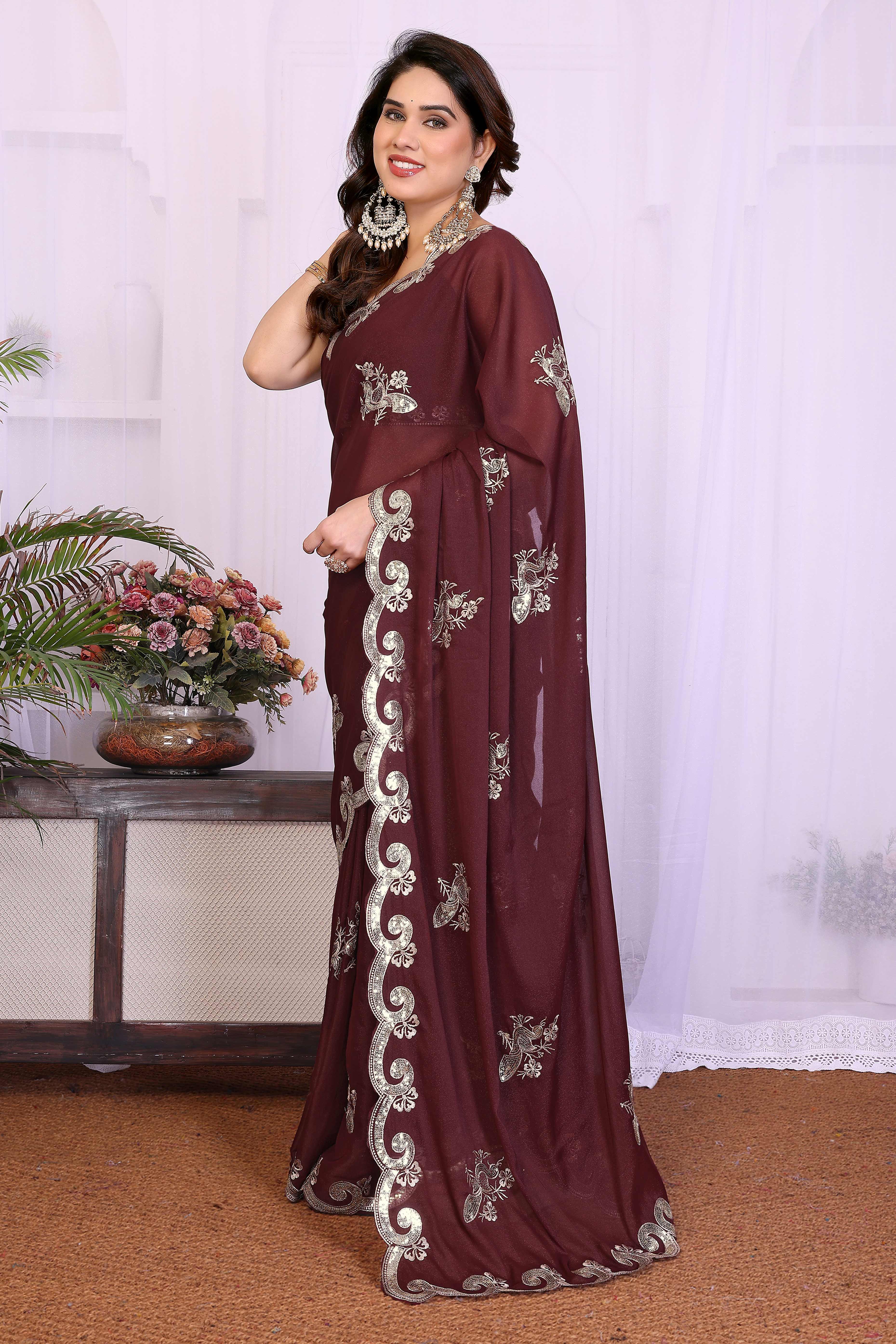 Charming Burgundy Floral & Peacock Motif Georgette Saree Enhanced With Sequins Embroidery
