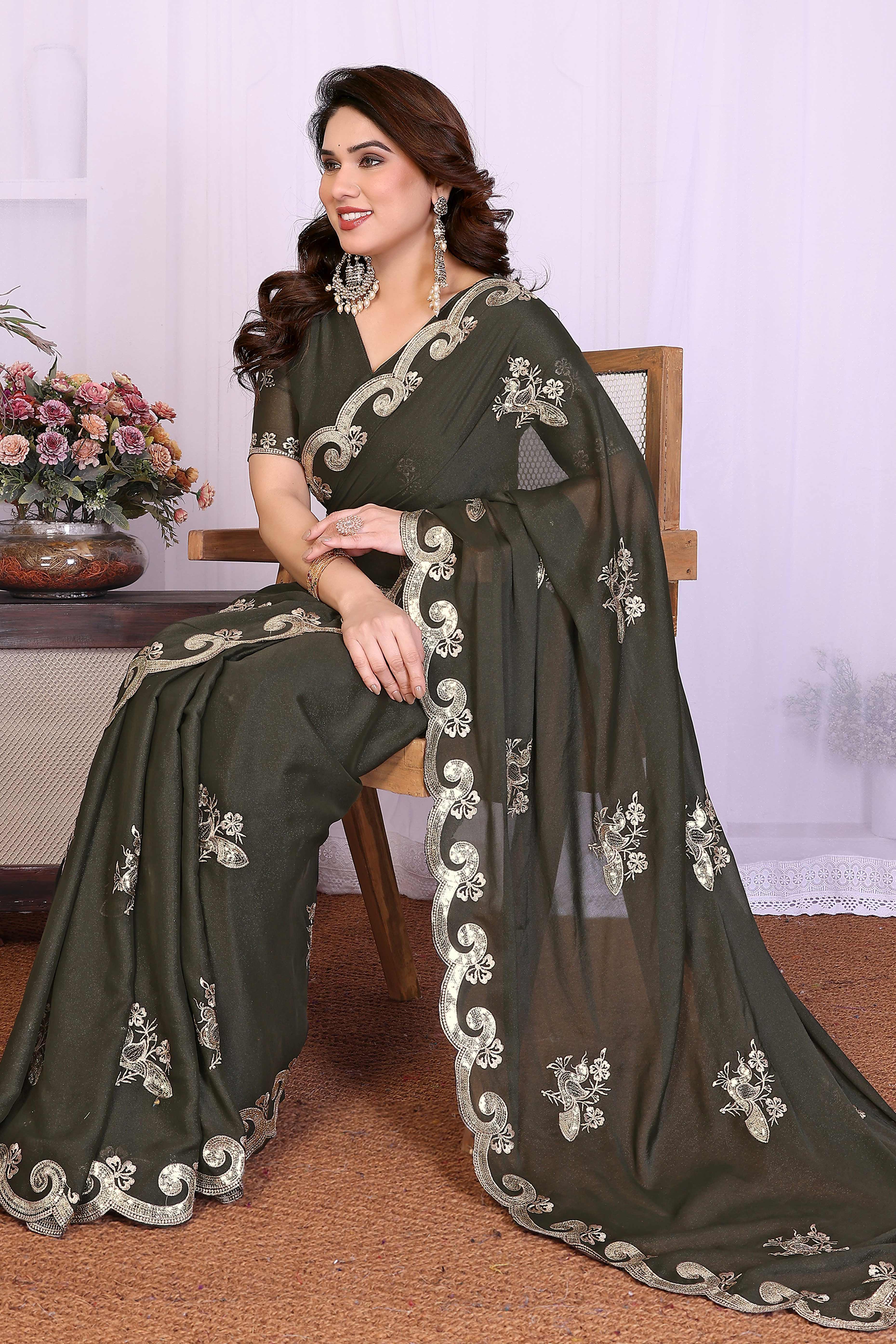 Charming Mehendi Green Floral & Peacock Motif Georgette Saree Enhanced With Sequins Embroidery
