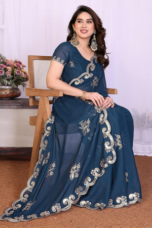 Charming Morpich Blue Floral & Peacock Motif Georgette Saree Enhanced With Sequins Embroidery
