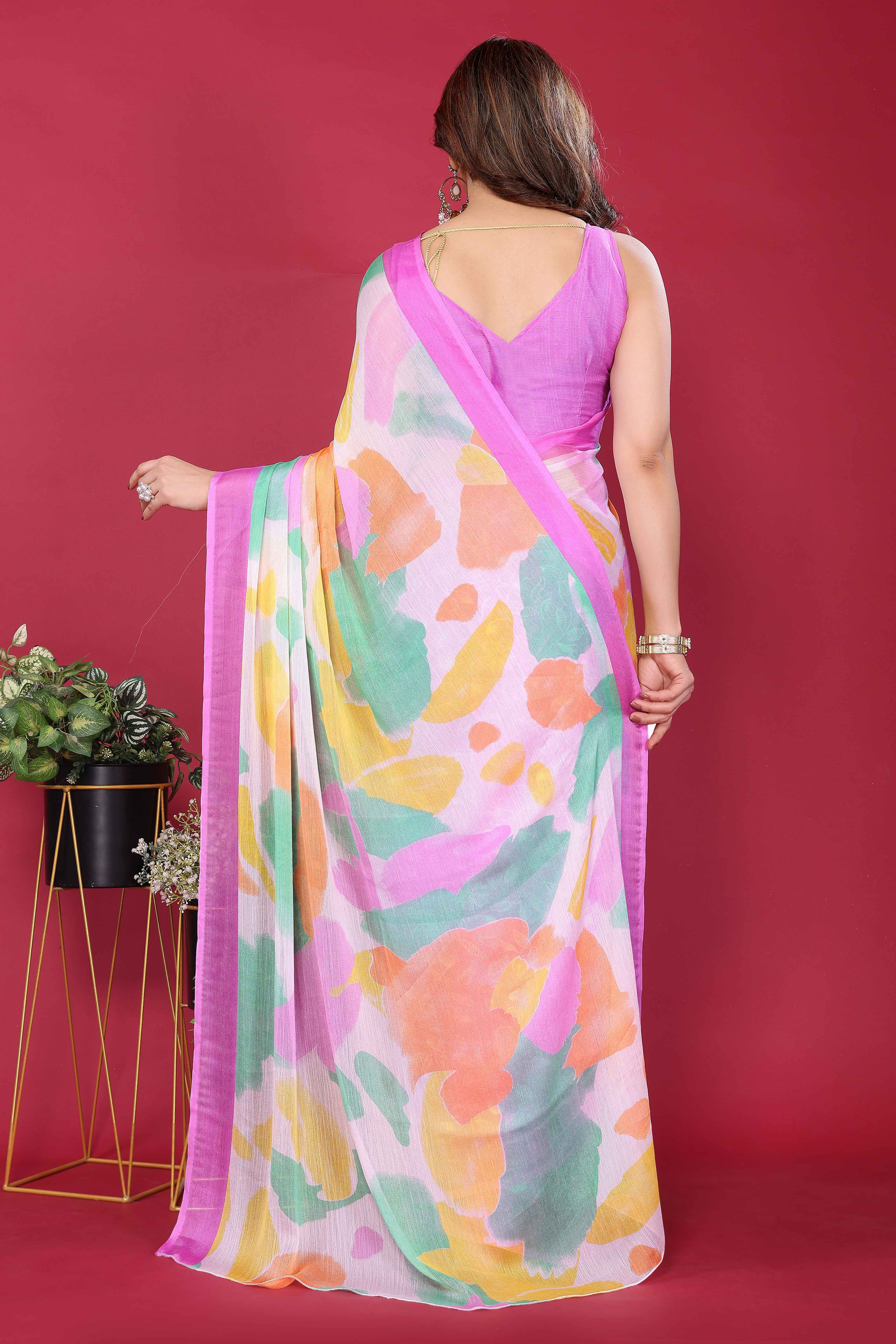 Elegant Purple Abstract Print Saree in Lightweight Chiffon
