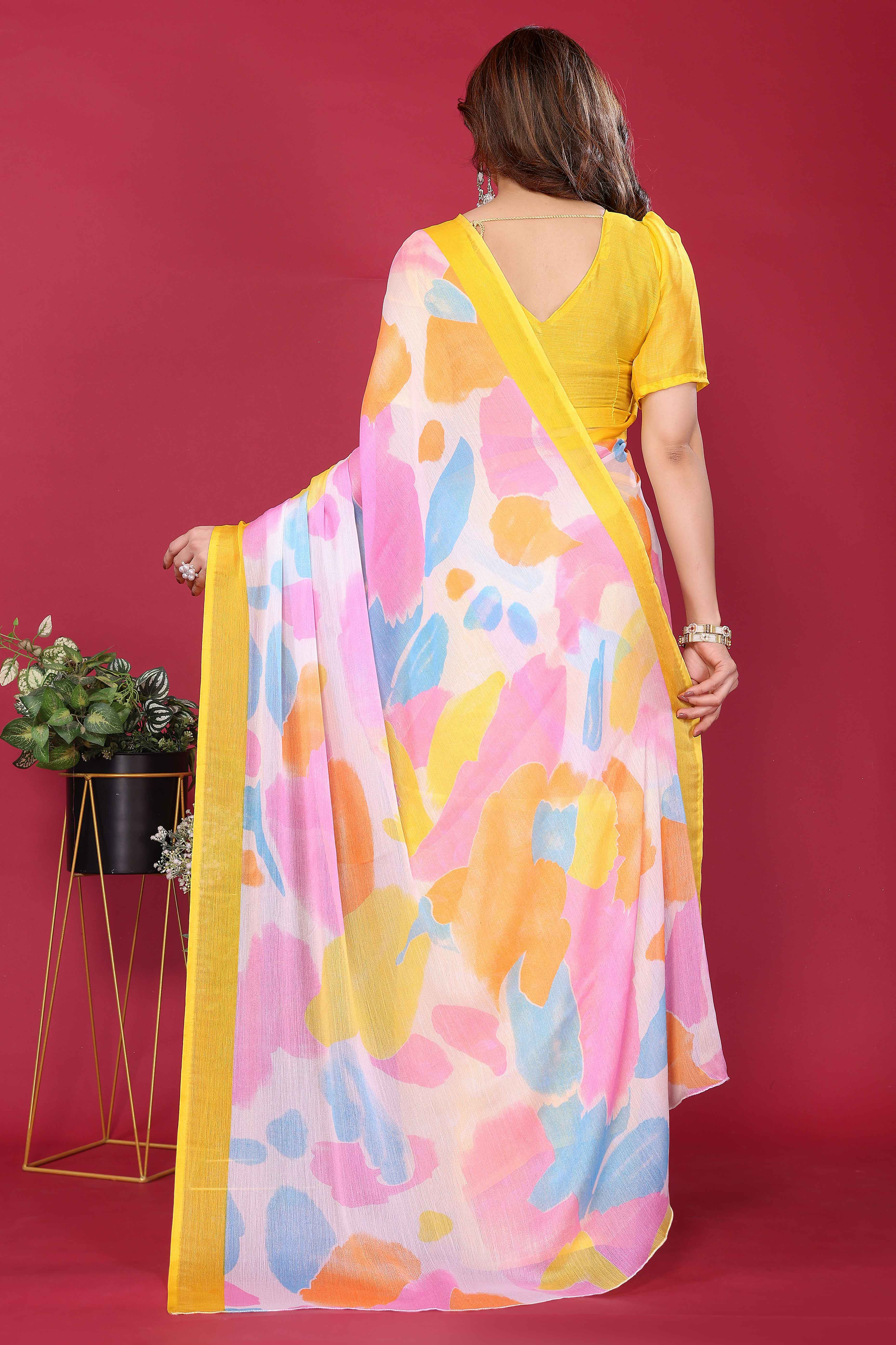 Elegant Yellow Abstract Print Saree in Lightweight Chiffon