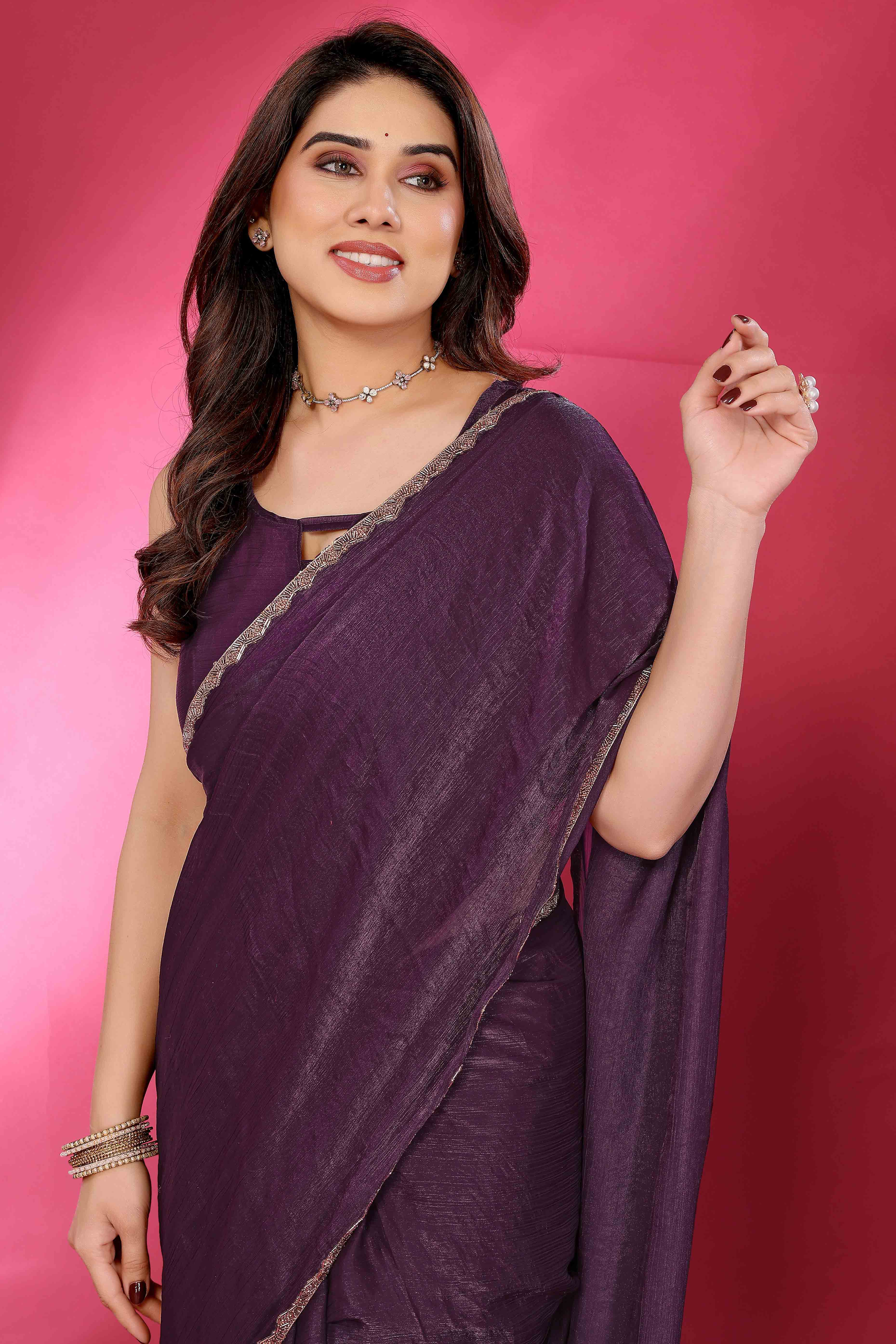Party Wear Wine Chiffon Solid Saree with Delicate Border Embellishment