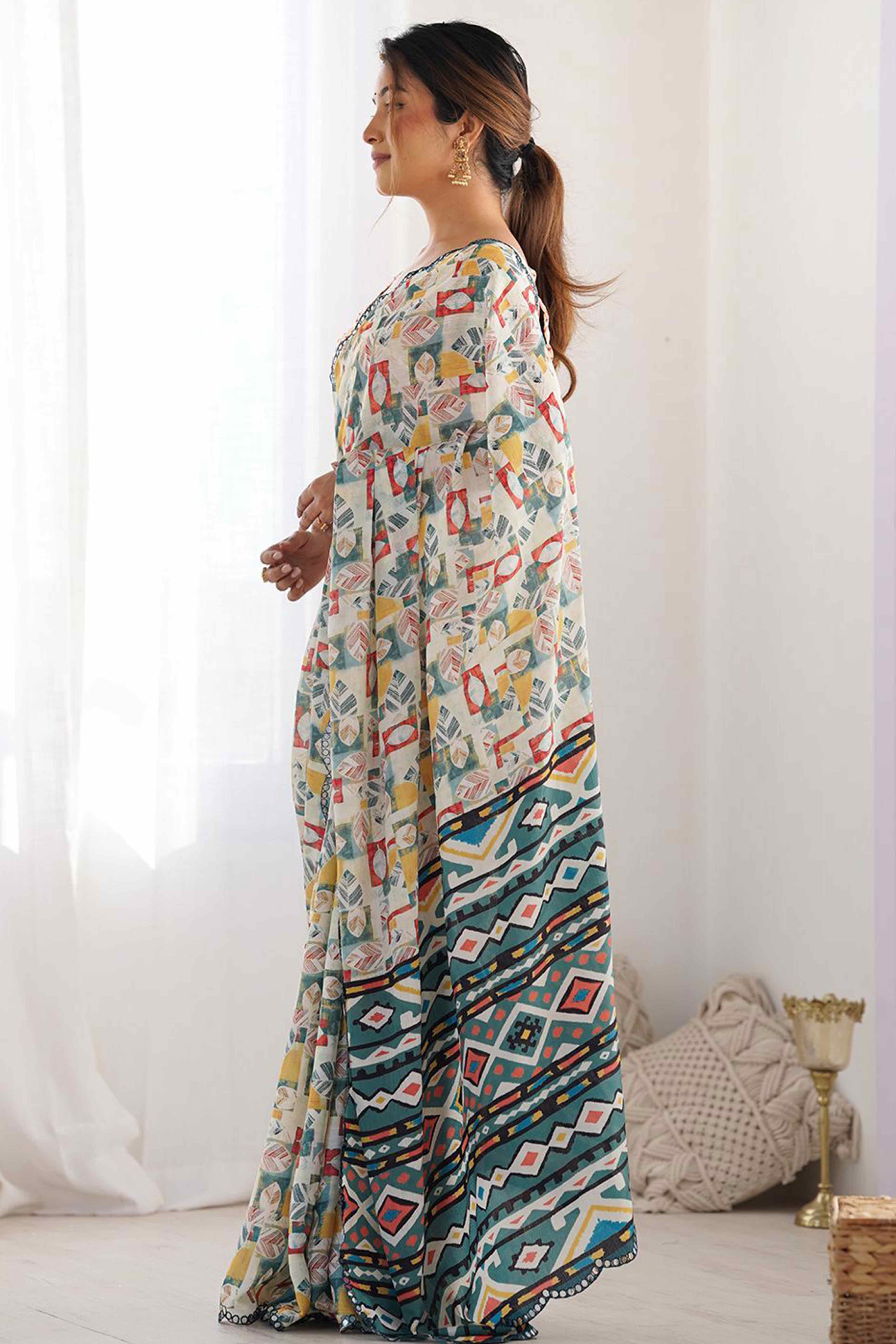 Offwhite Digital Print Georgette Saree Enhanced With A Sparkling Lace Border