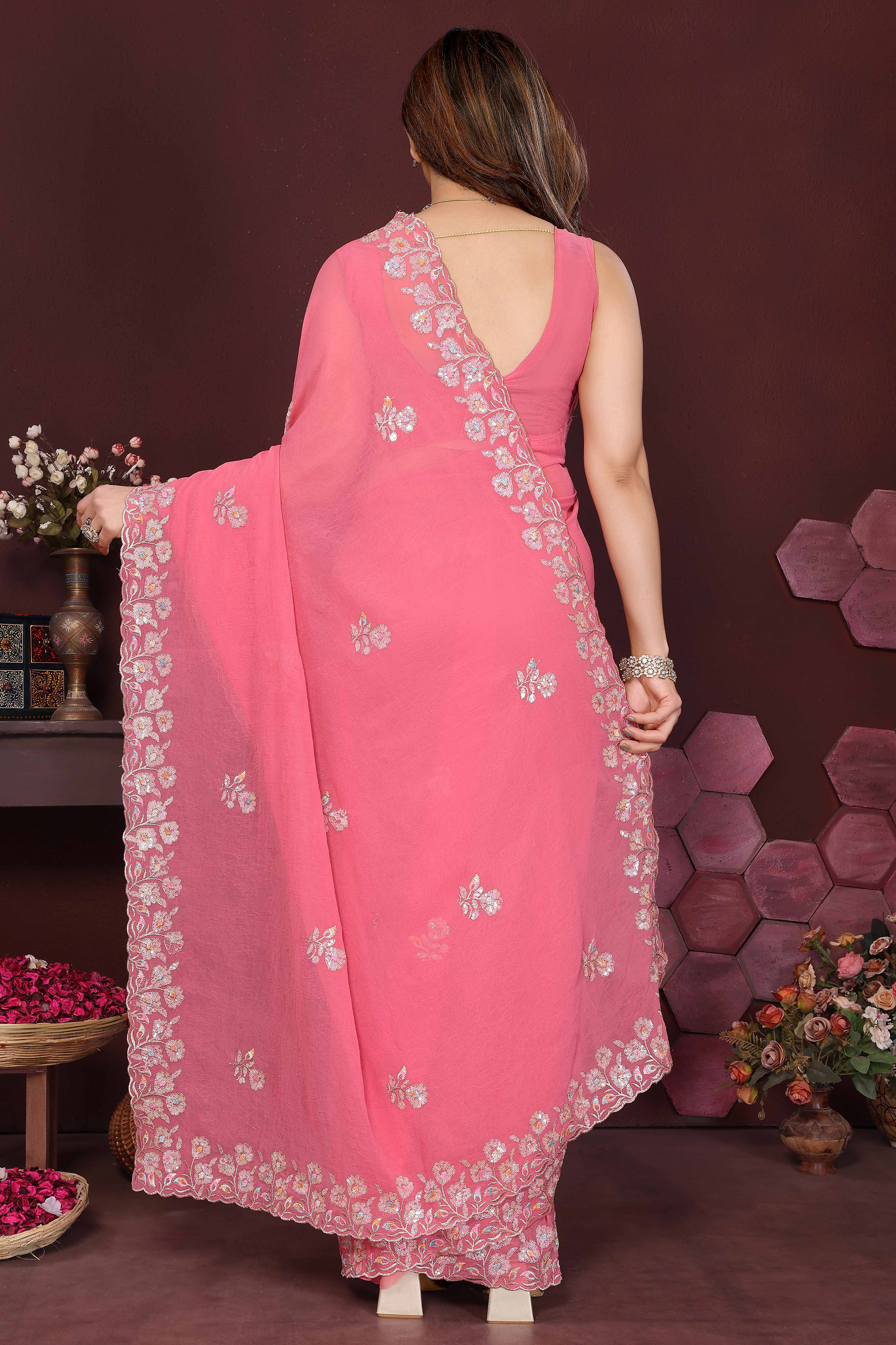 Gajari Pink Georgette Saree Featuring Intricate Floral Sequin Embroidery