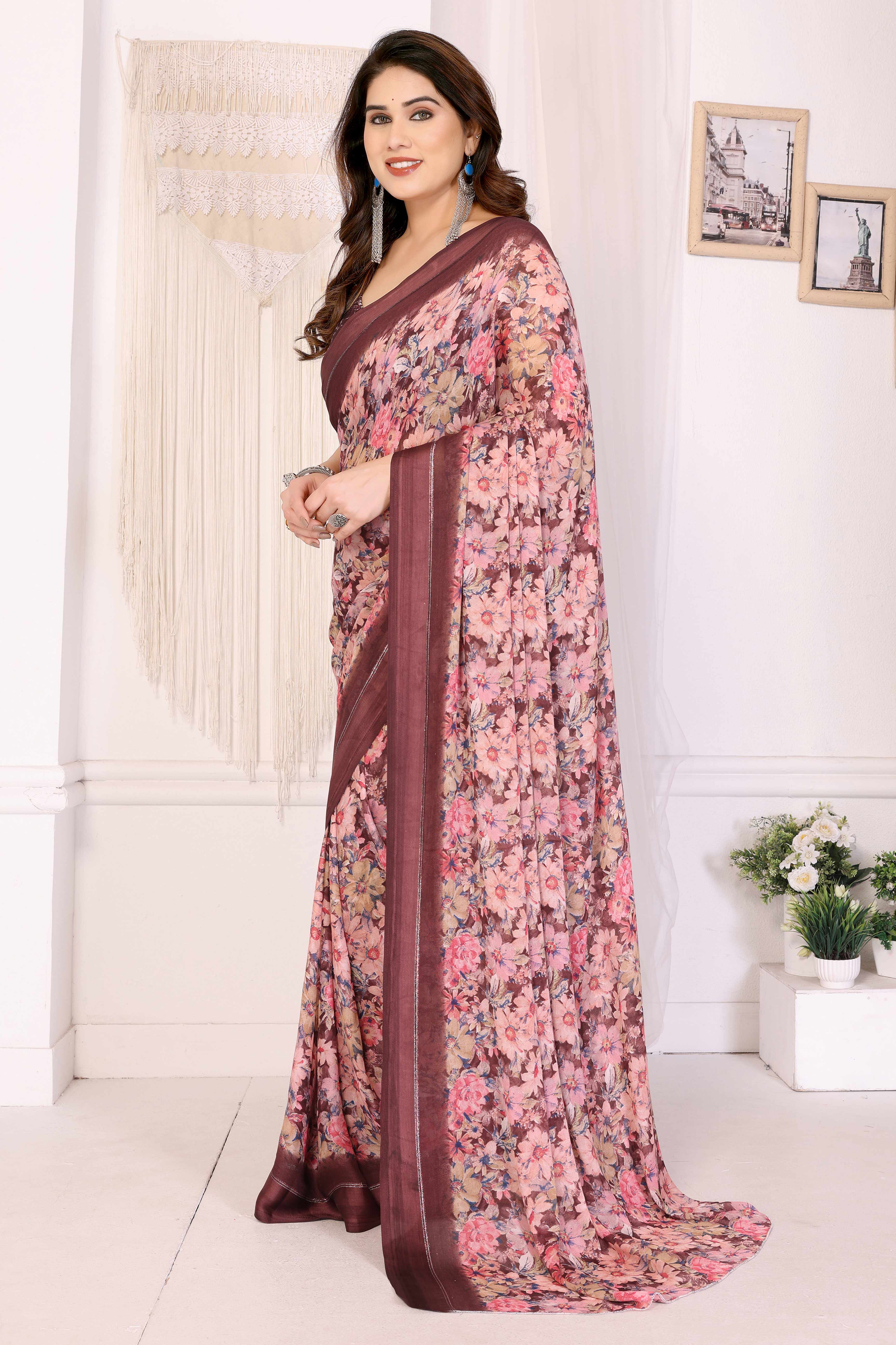 Maroon Moss Satin Saree With Blooming Floral Print Design