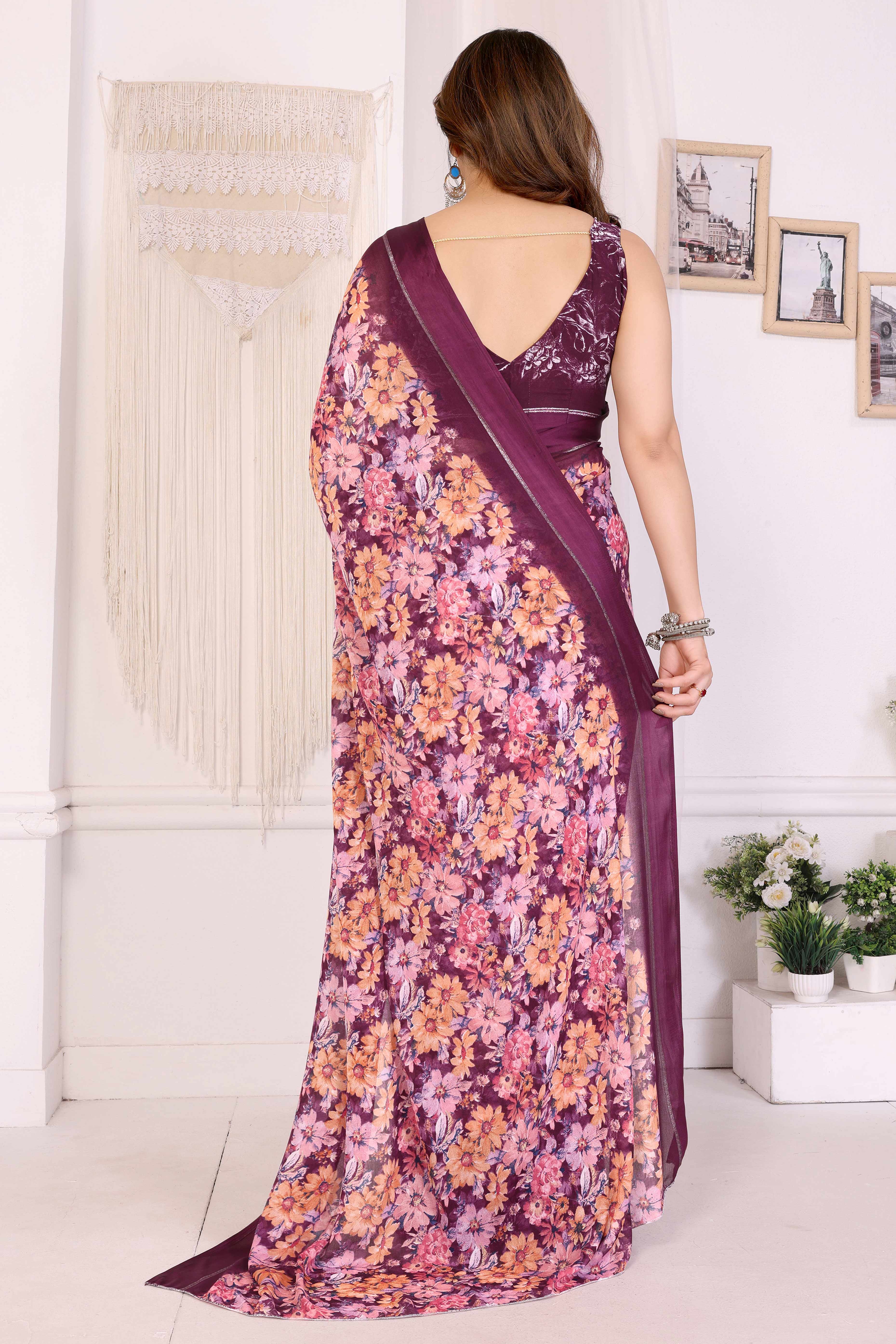 Purple Moss Satin Saree With Blooming Floral Print Design