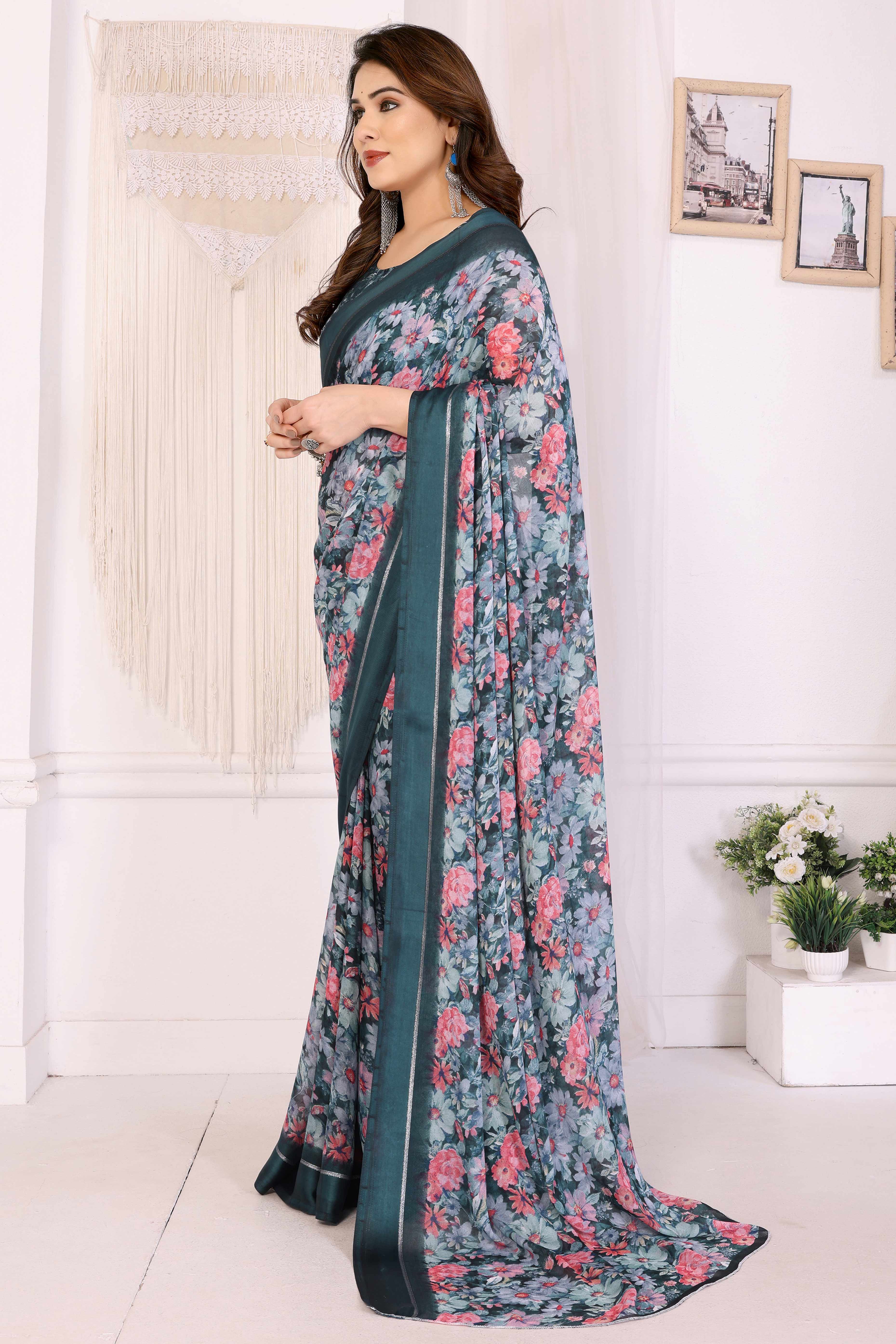 Teal Moss Satin Saree With Blooming Floral Print Design