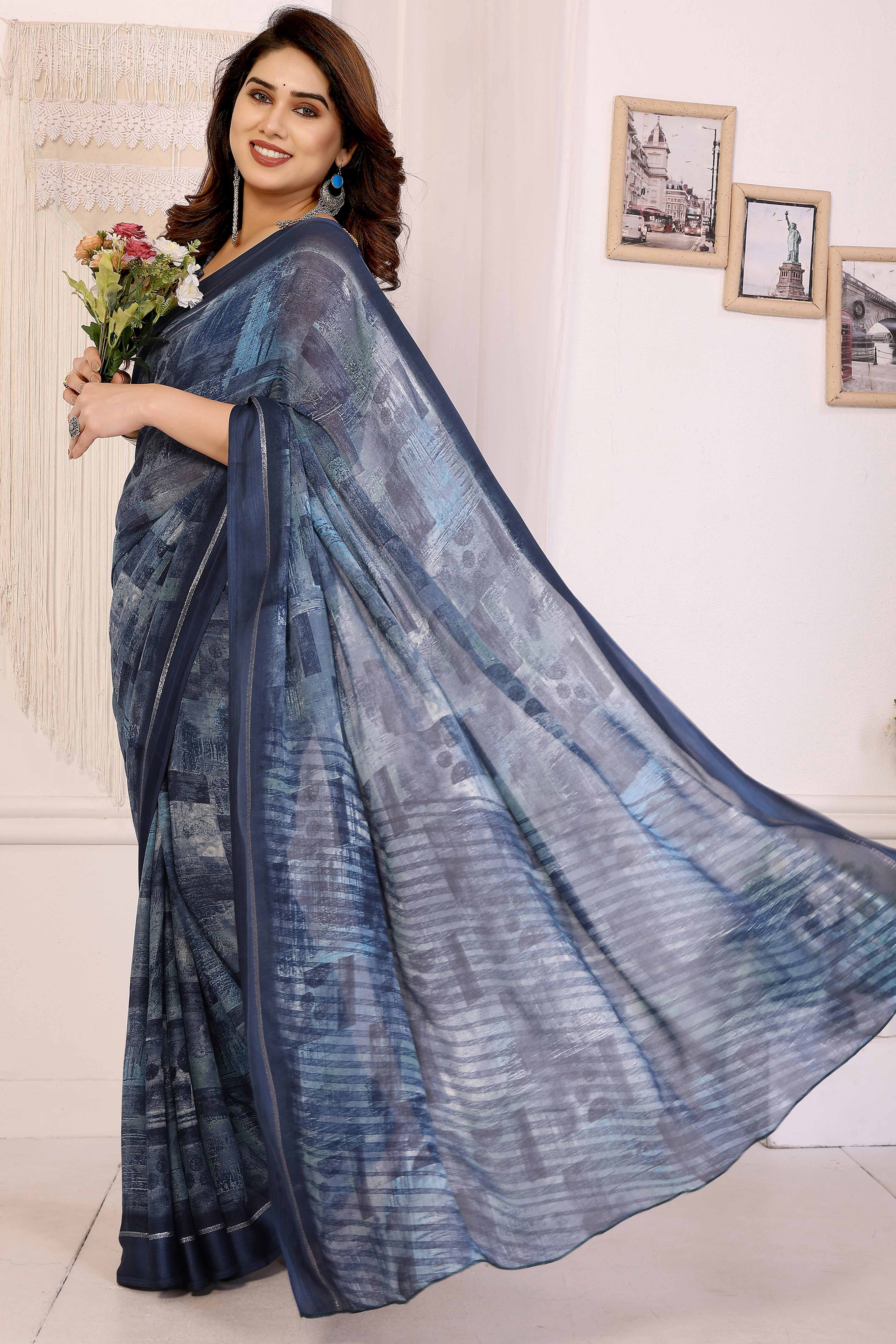 Trendy Blue Saree in Moss Satin with Floral Print Detailing