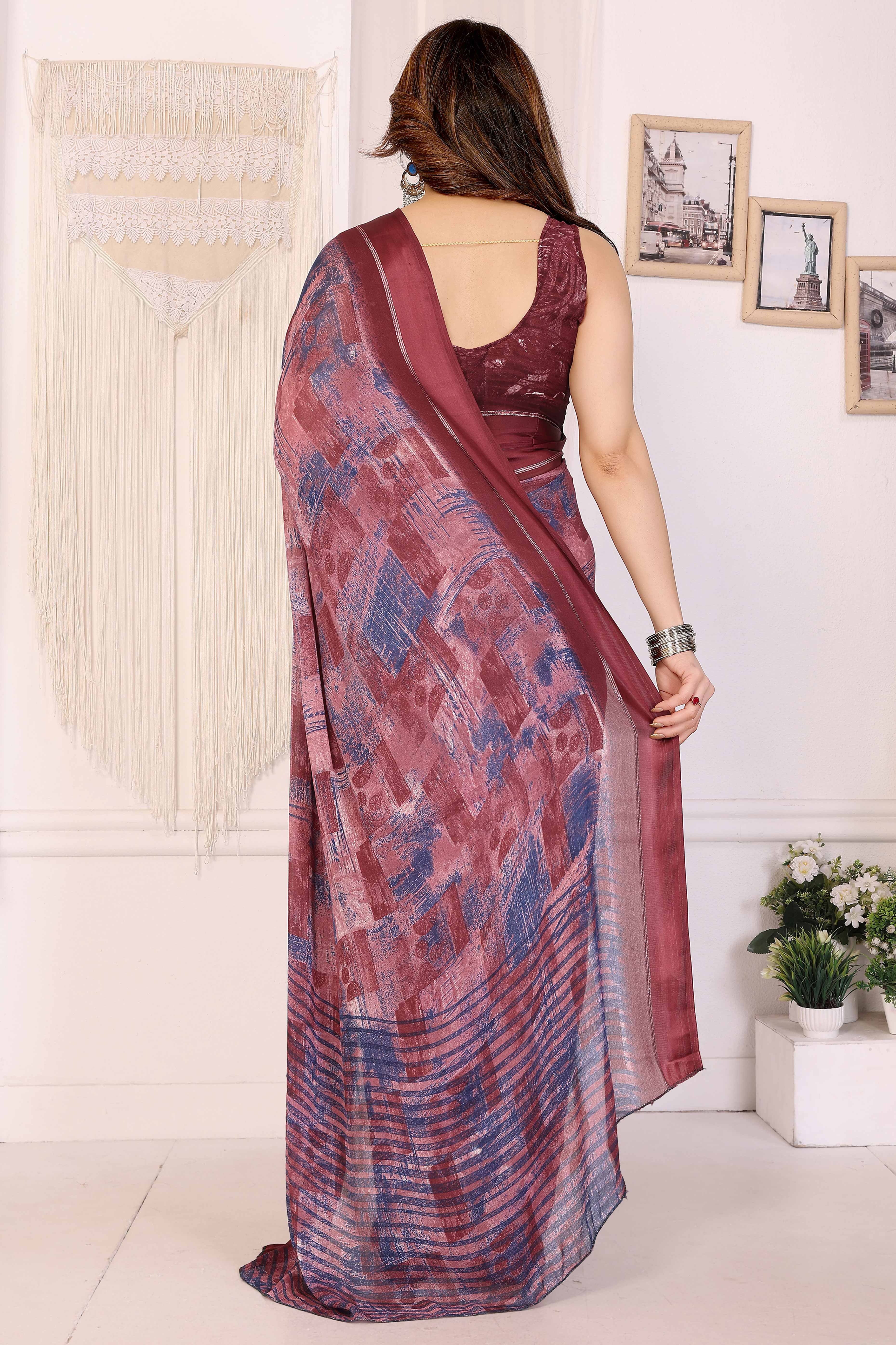 Trendy Maroon Saree in Moss Satin with Floral Print Detailing
