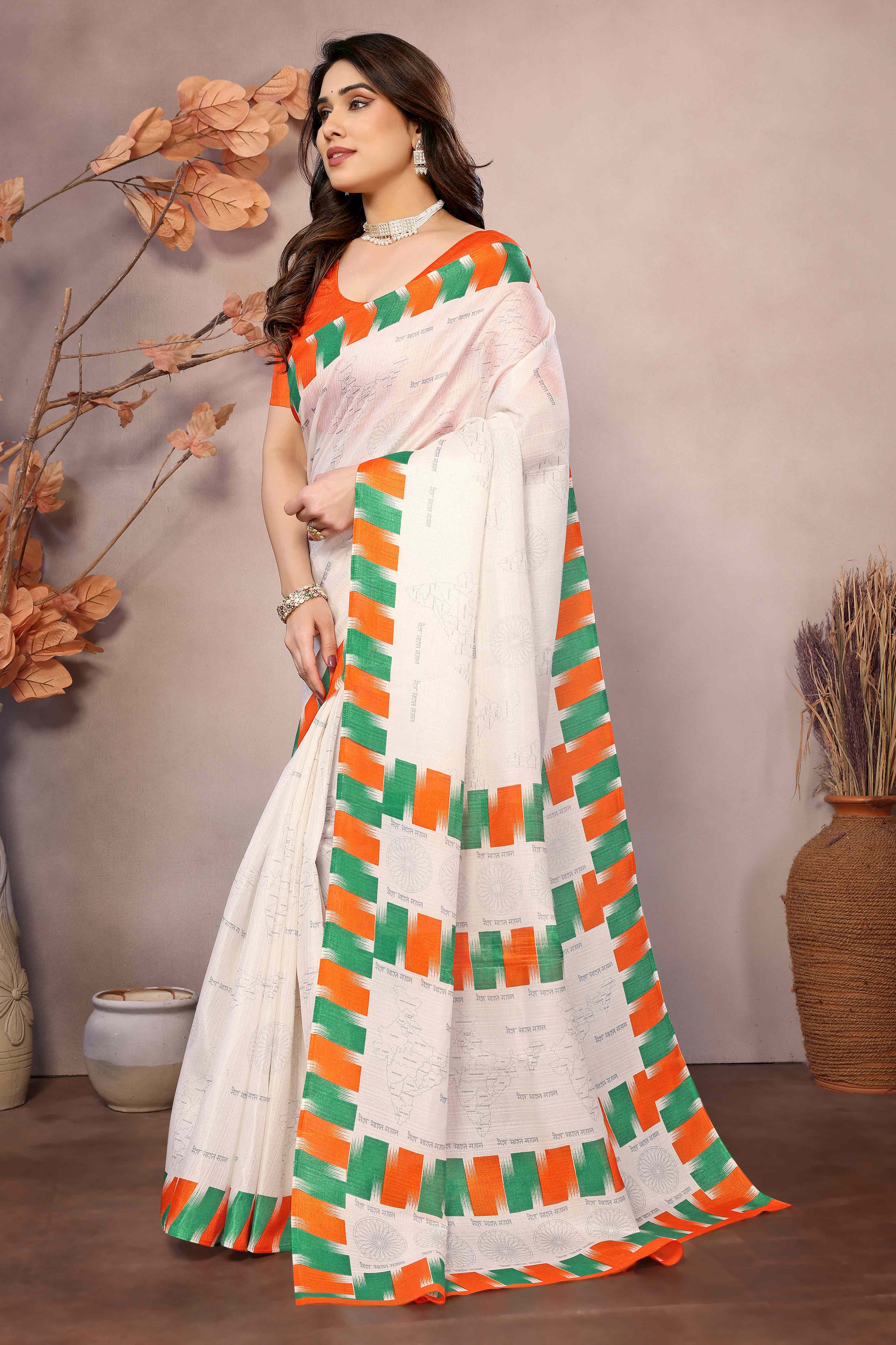 White Tiranga Printed khaadi Saree