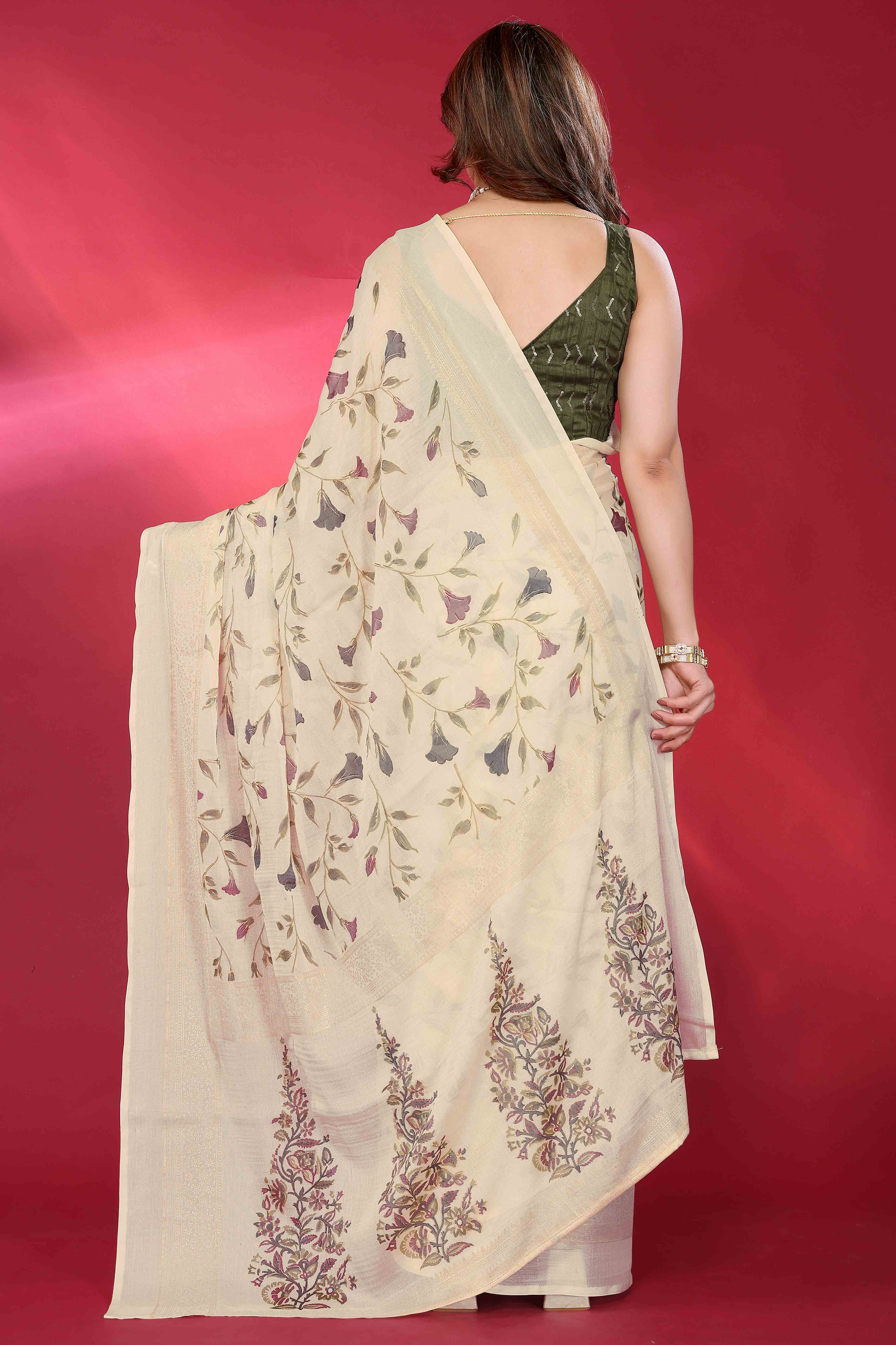 Ethereal Cream Brasso Chiffon Saree with Delicate Floral Foil Print