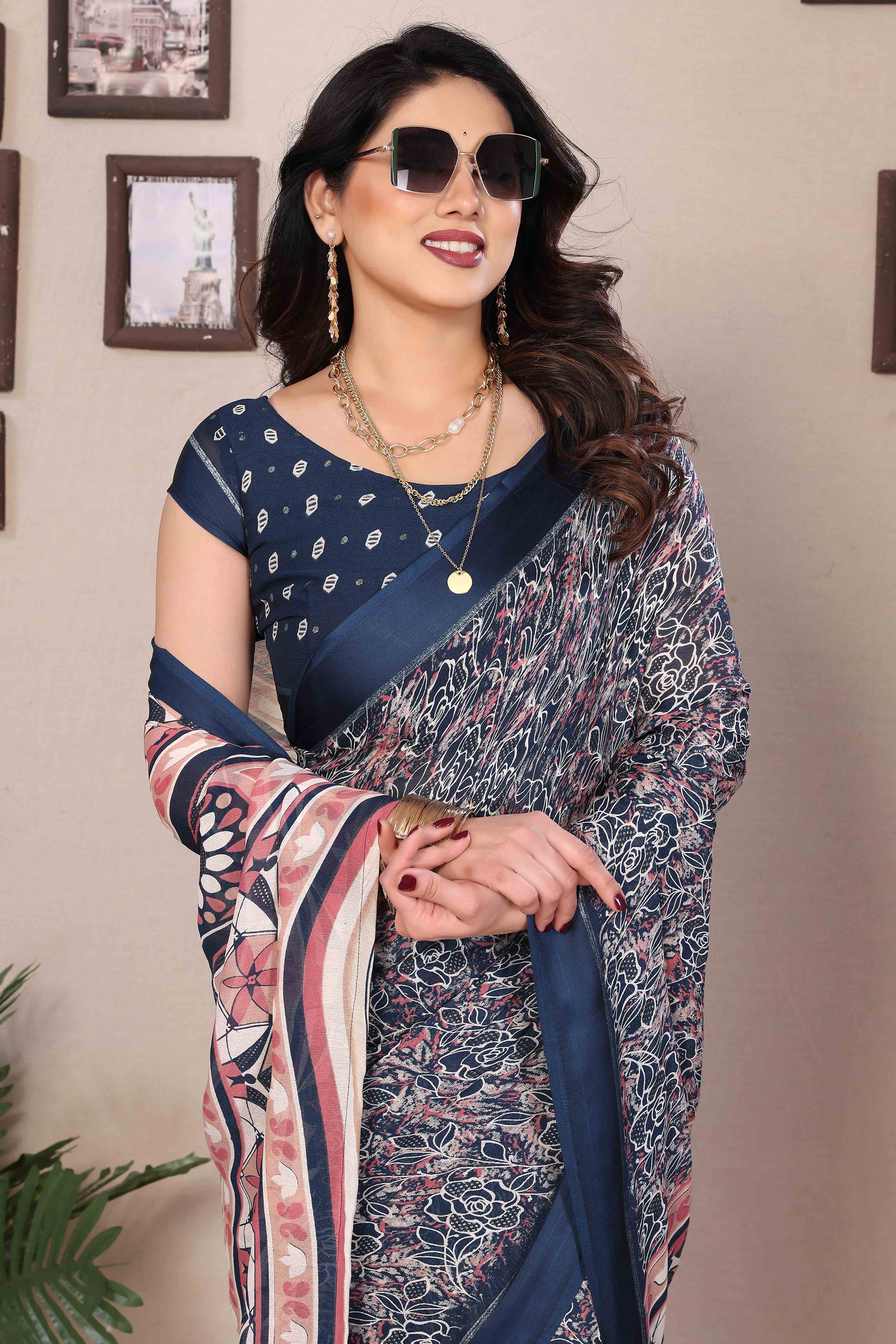 Blue Floral Print & Zari Work Moss Satin Saree With Satin Patta