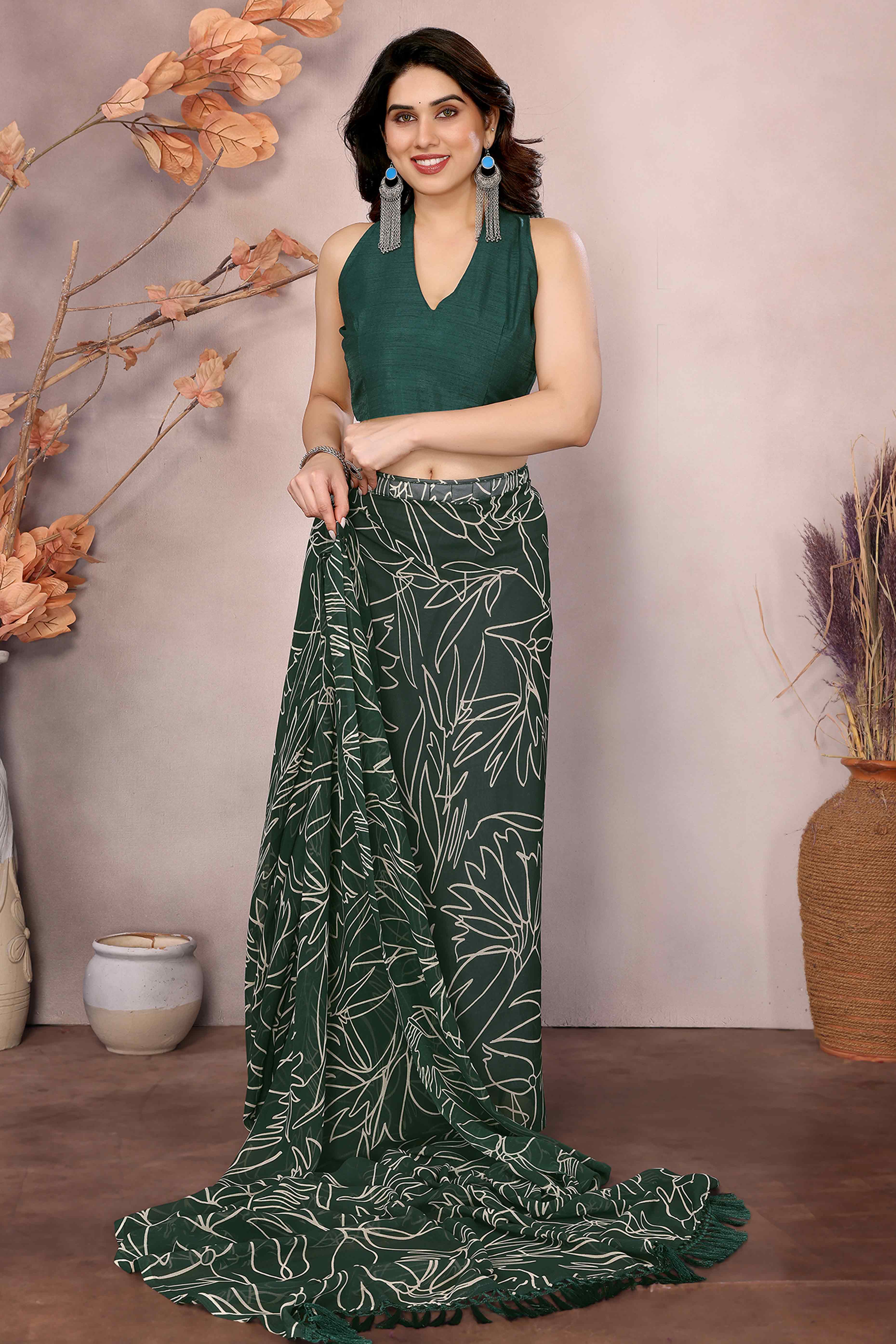 Green Floral Printed Georgette Ready Made Saree With Tassels