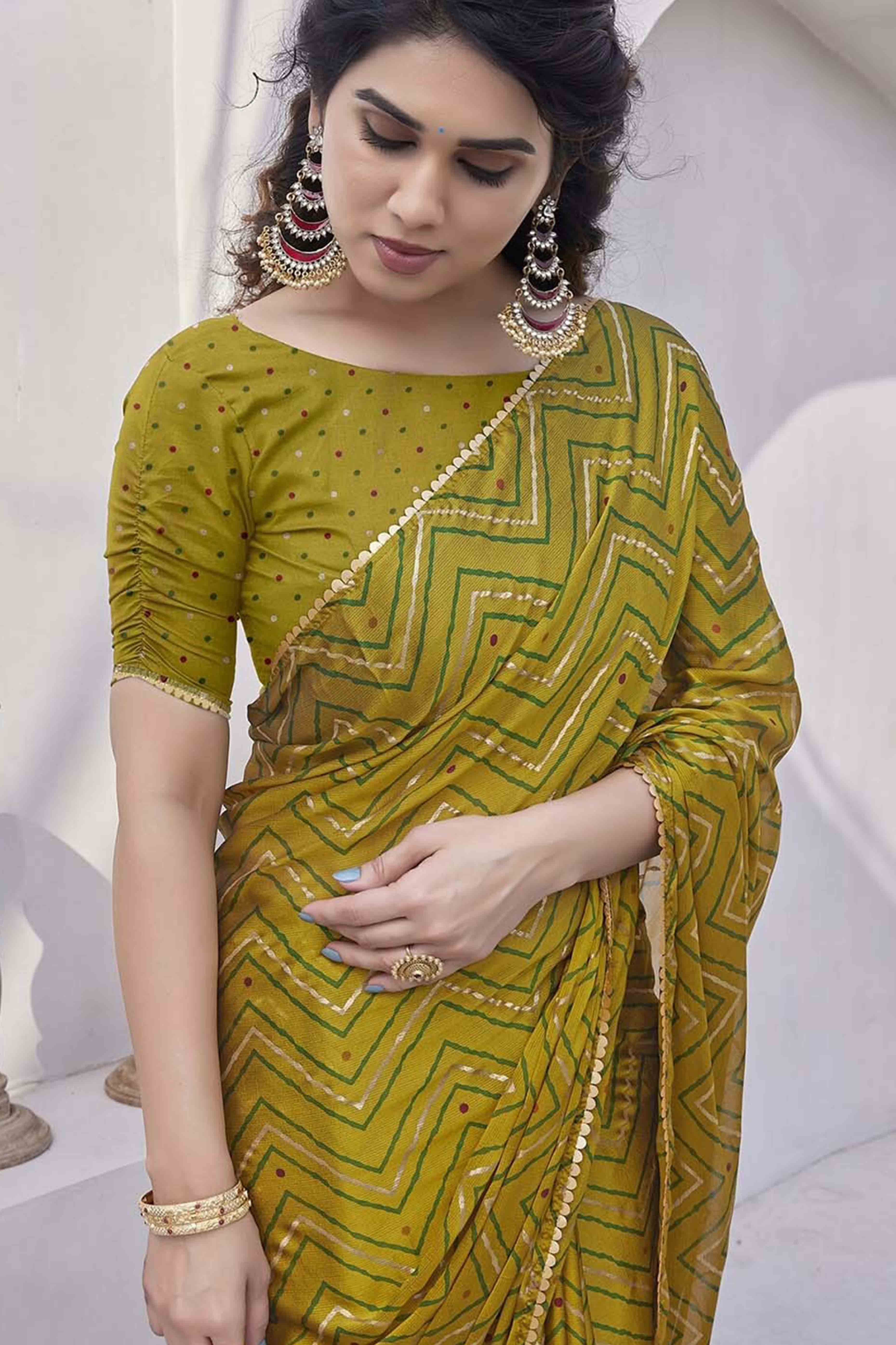 Olive Zig Zag Foil Printed Chiffon Saree