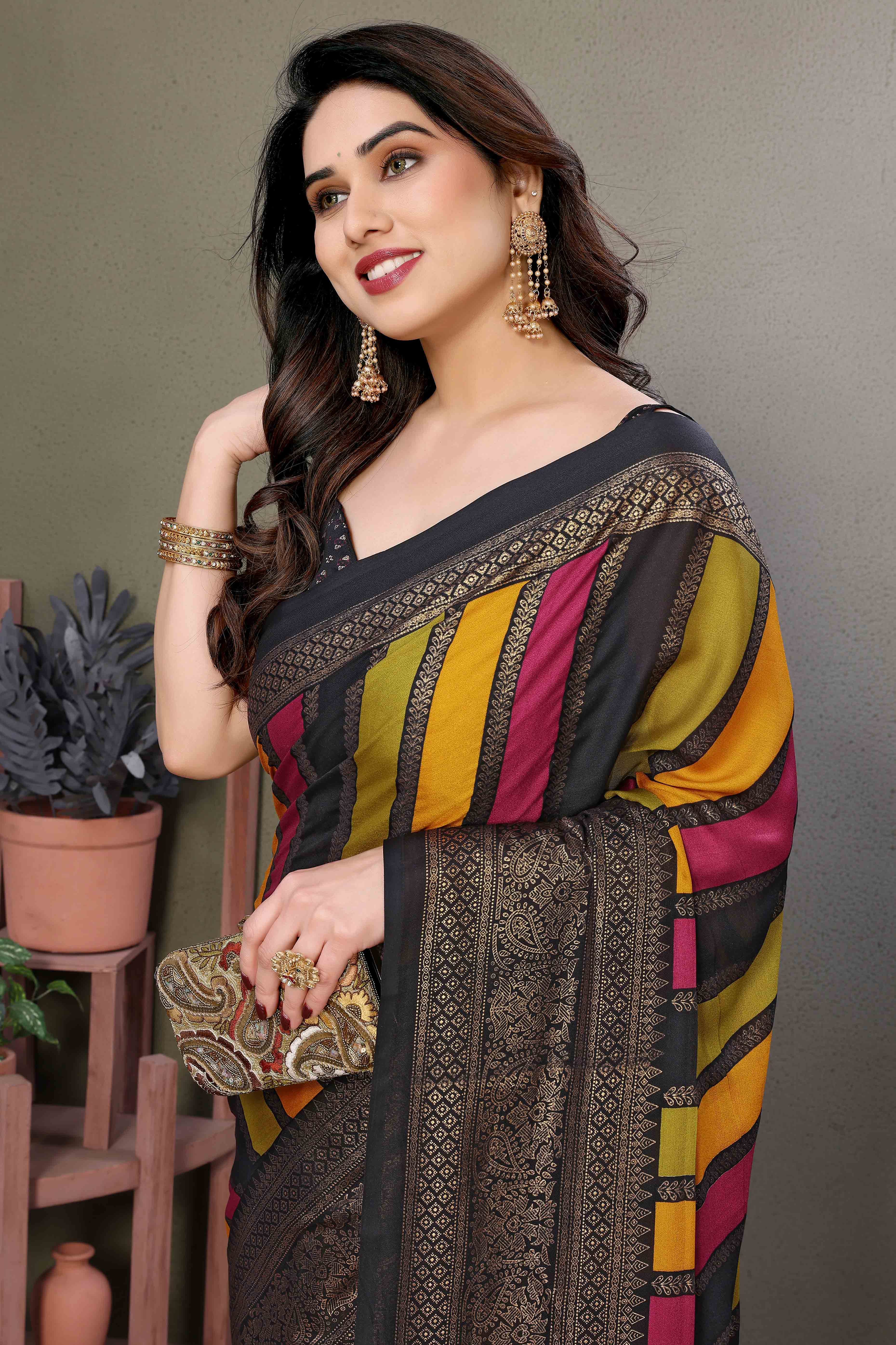 Black Striped Foil Printed Moss Satin Saree Saree With Tassels
